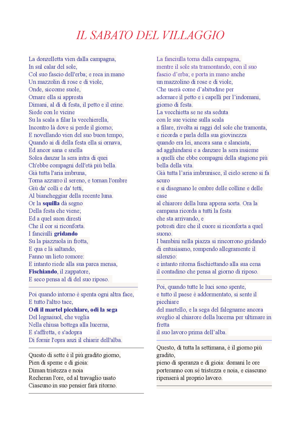 il sabato del villaggio poesia