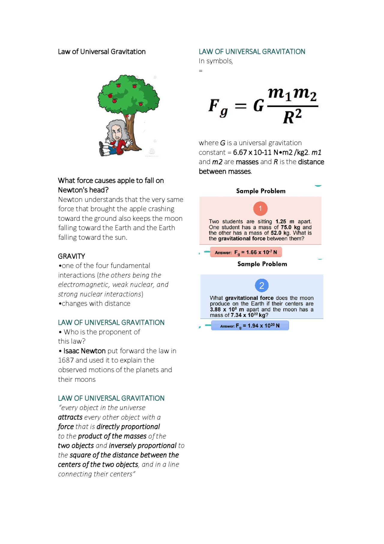 Law of Universal Gravitation | Exercises Physics | Docsity