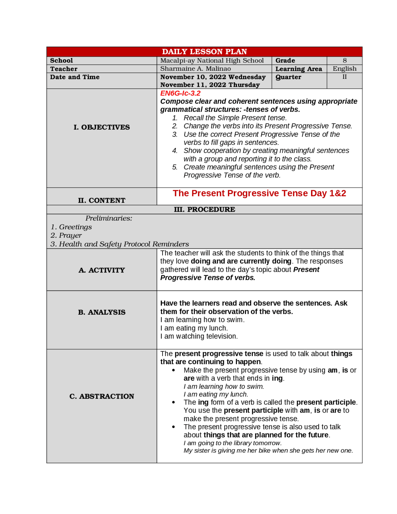 LESSON PLAN ON PRESENT PROGRESSIVE TENSE | Study Guides, Projects ...