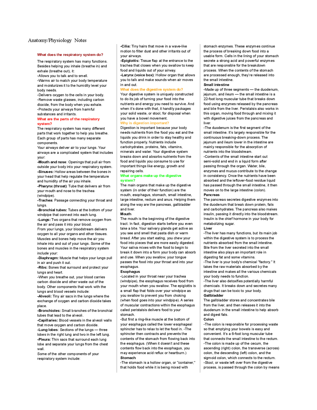 Anatomy and Physiology Science Olympiad Cheat Sheet Anatomy Docsity