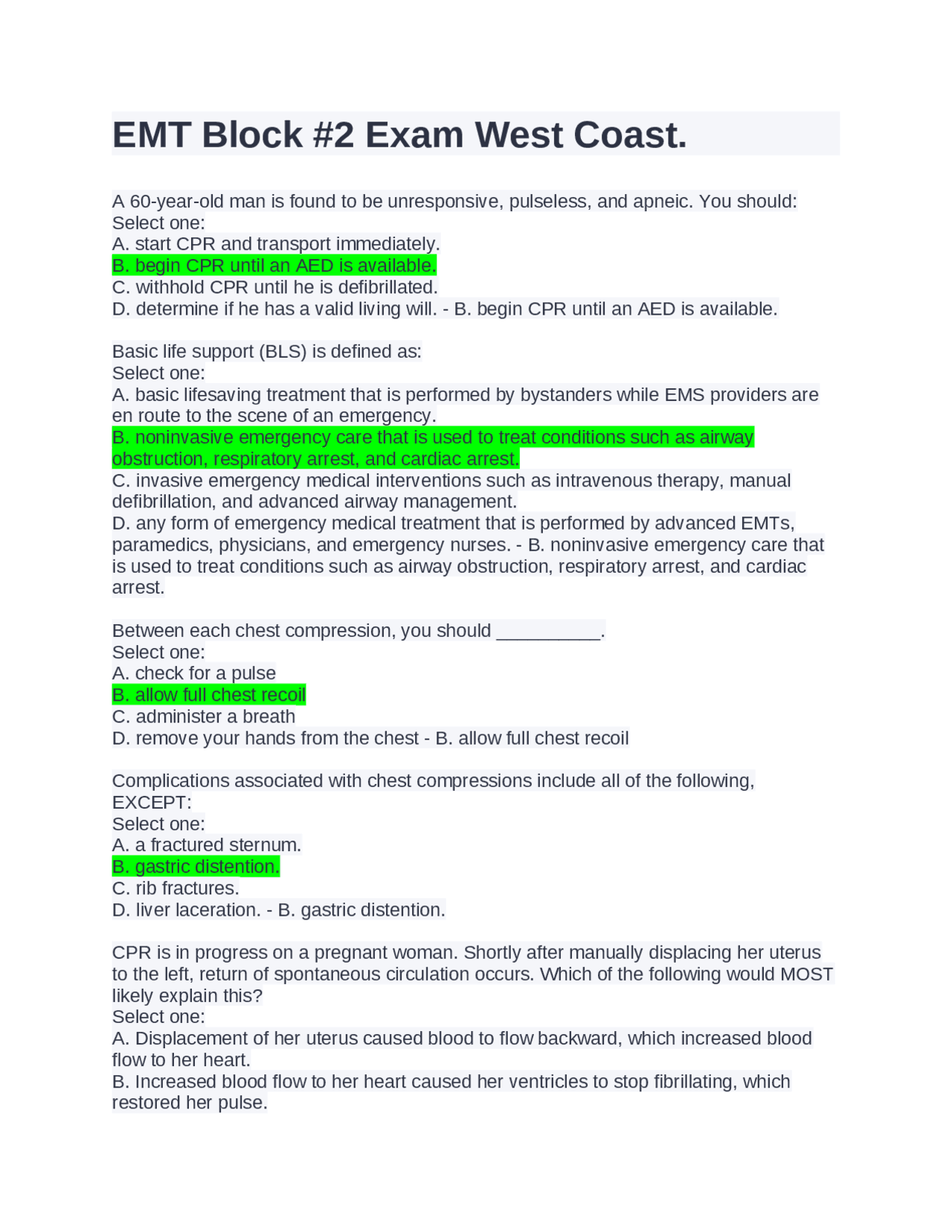 EMT Block 2 Exam West Coast. Exams Nursing Docsity