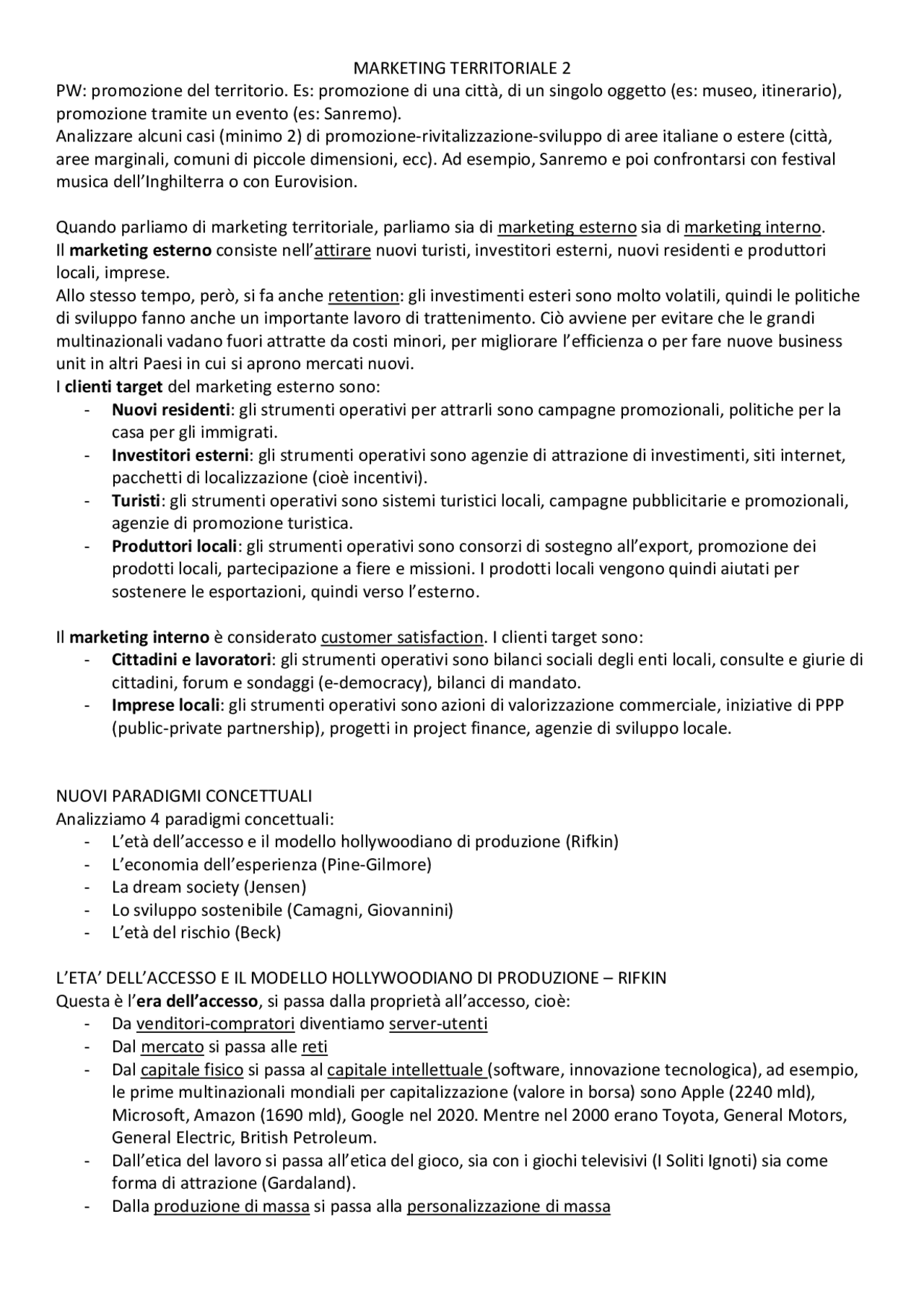 Appunti secondo modulo marketing territoriale Prof. Rizzi Unicatt