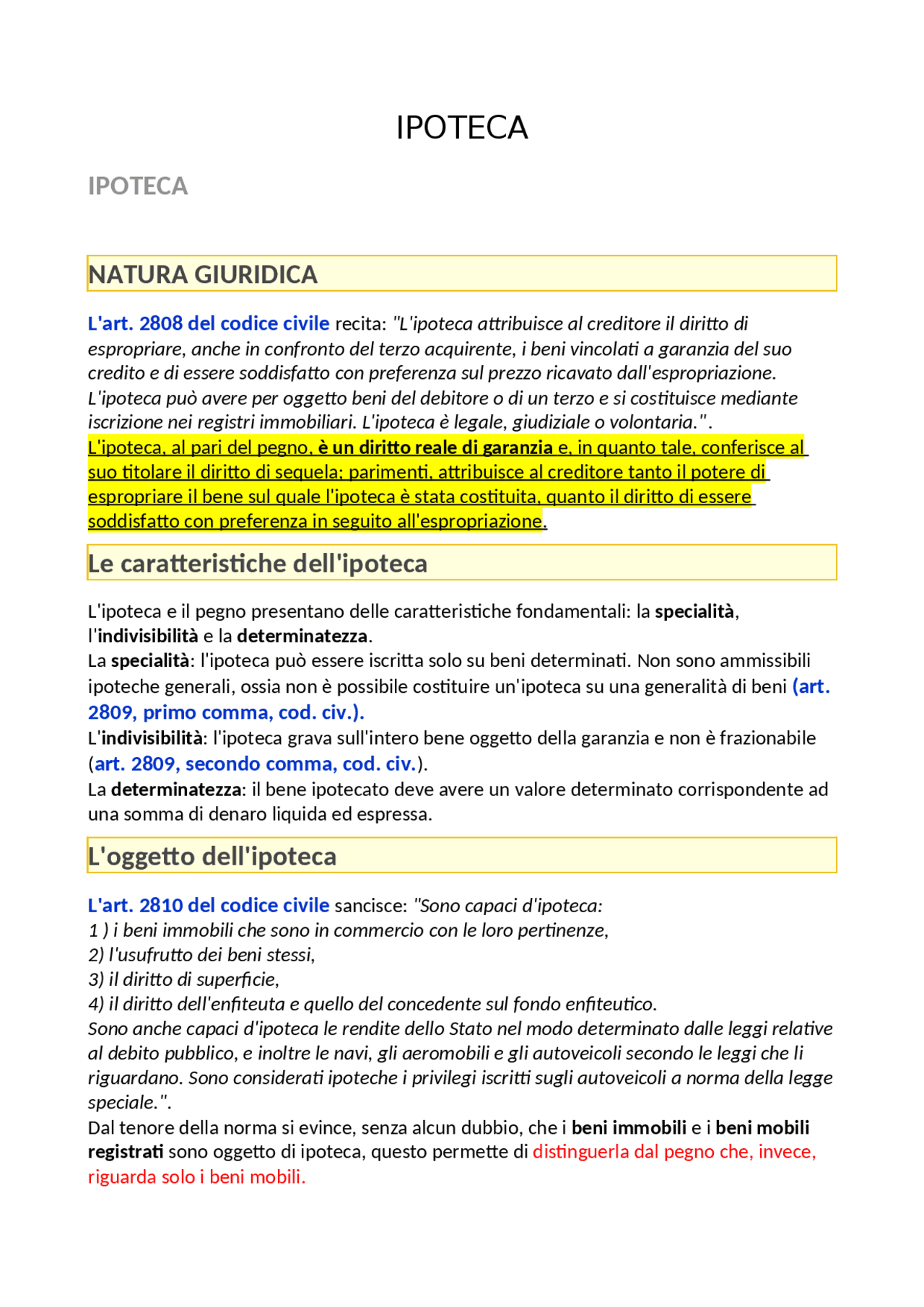 Pegno ed ipoteca spiegazione | Schemi e mappe concettuali di Diritto ...