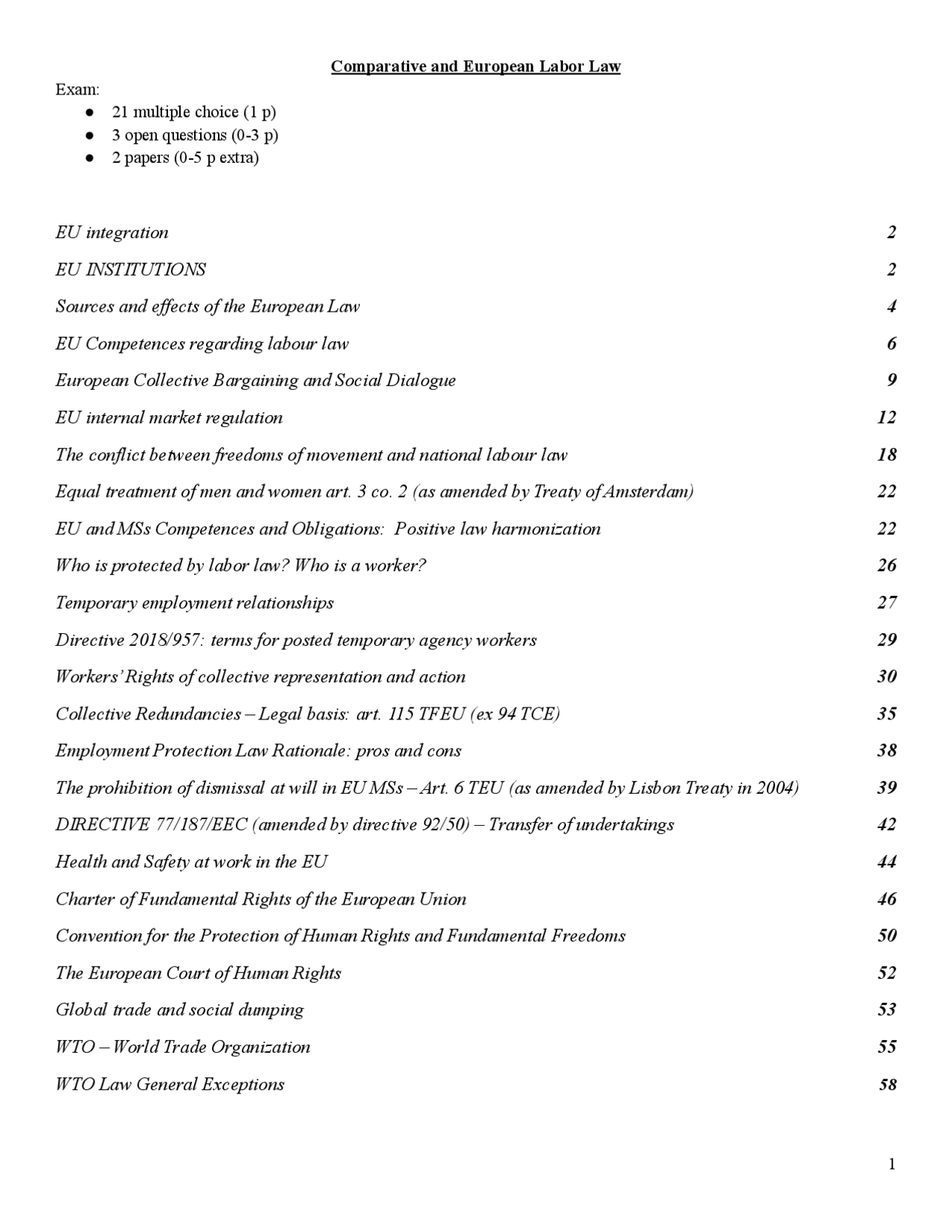 Comparative and European Labour Law Dispense di Diritto del lavoro