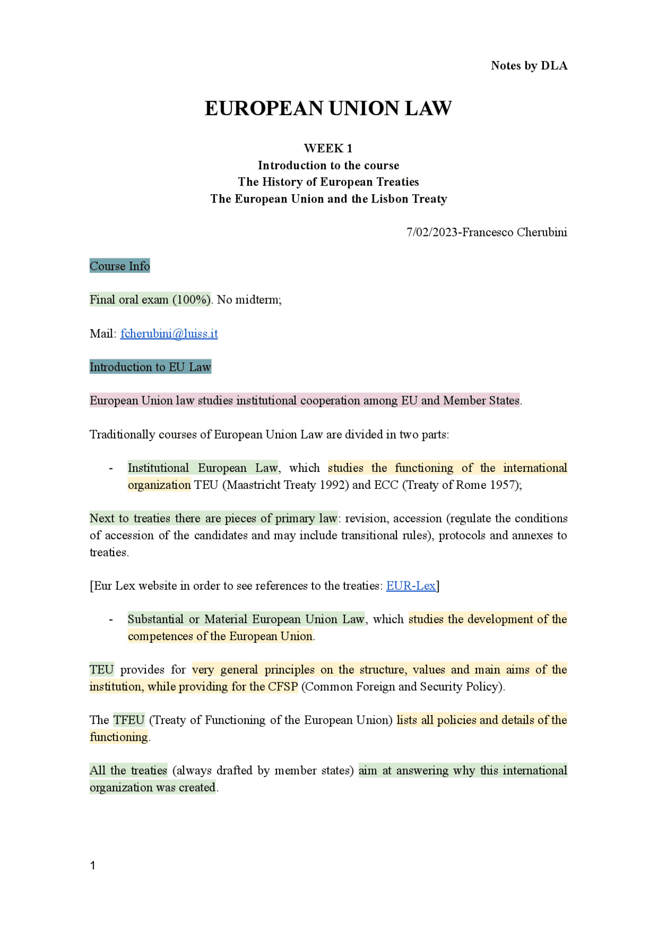 EU LAW Week 1 Professor Cherubini Notes and Readings (also book