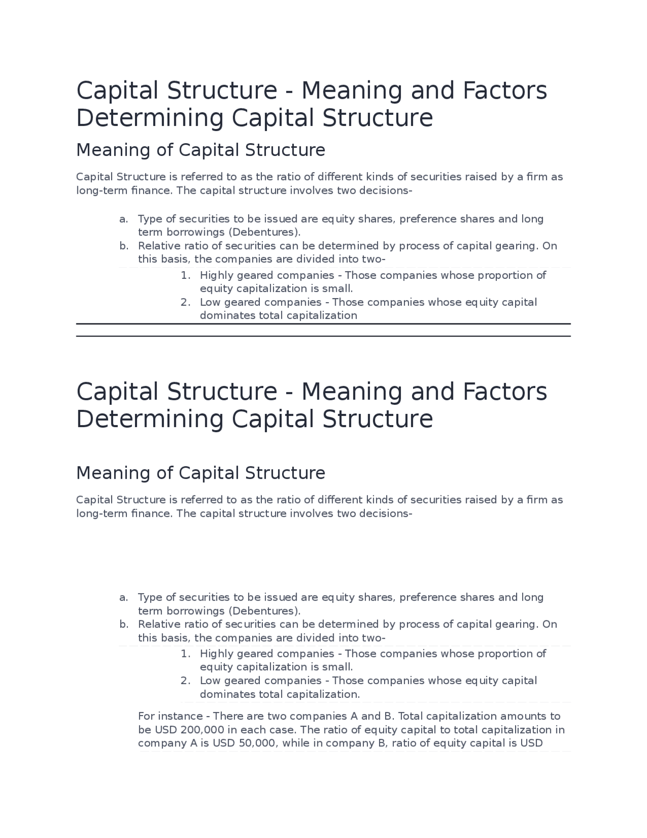 Capital structure meaning Study notes Finance Docsity