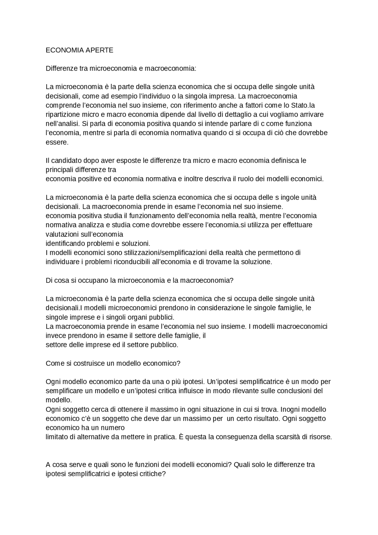Domande aperte di economia politica della professoressa pacetti roberta ...
