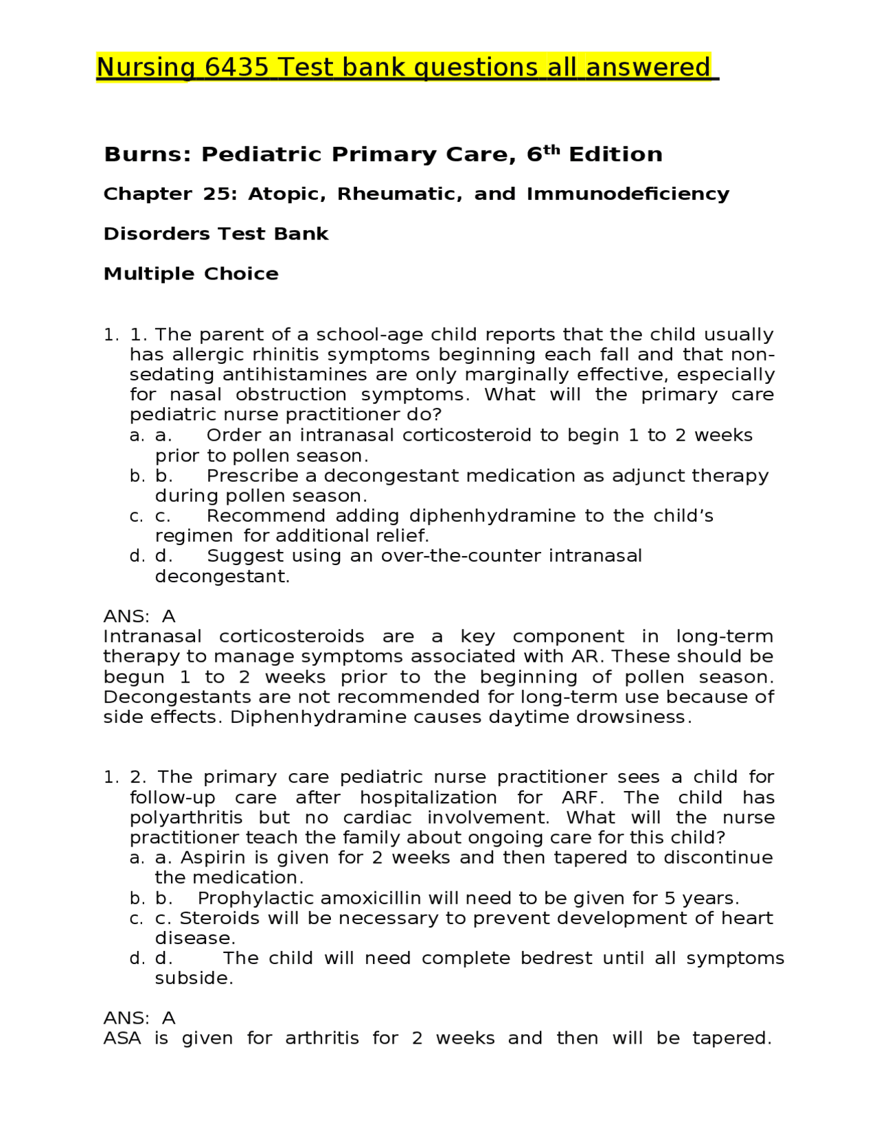 Nursing 6435 Burns Pediatric Primary Care, 6th Edition Test bank