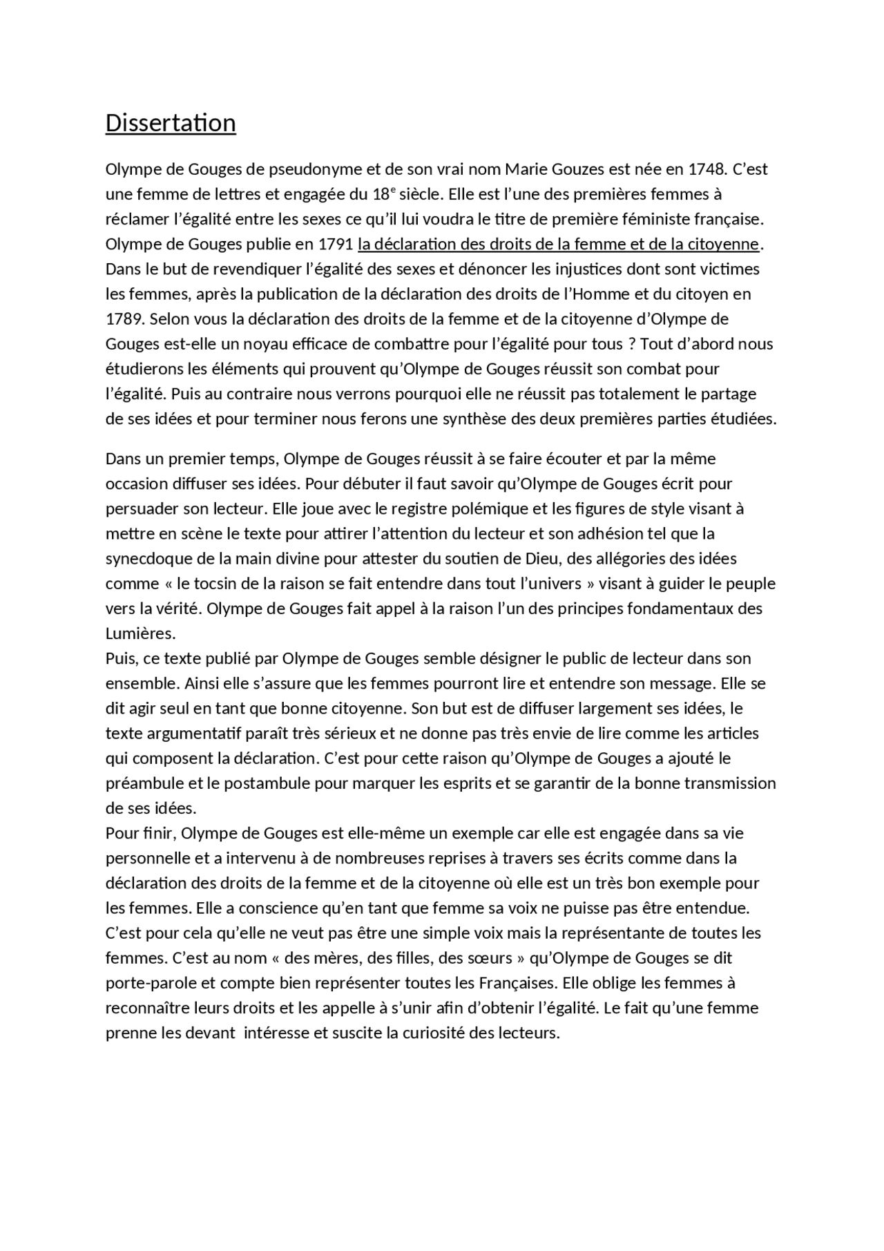 Dissertation sur Olympe de Gouges | Notes Français | Docsity
