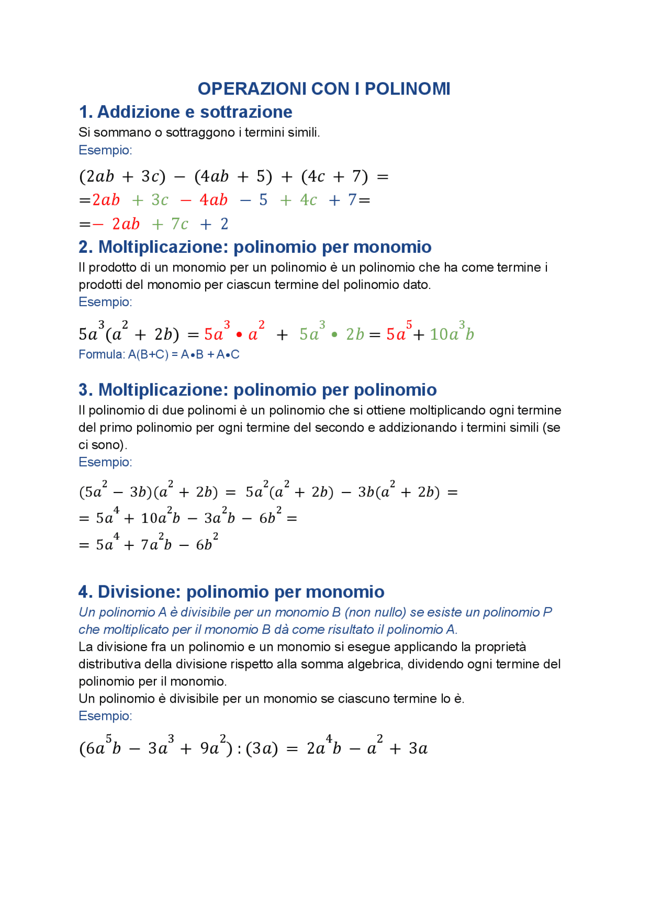 Operazioni tra polinomi (+regola di Ruffini) Appunti di Matematica