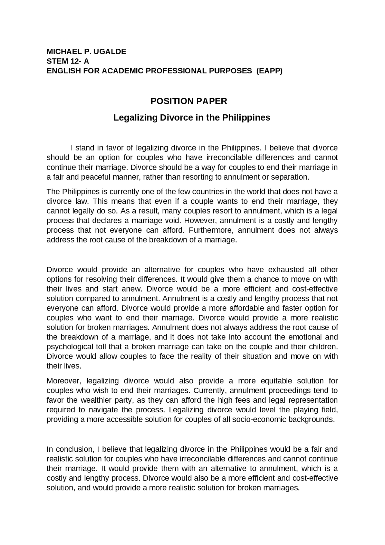 Position paper by roswinson vidad position paper | Essays (high school ...