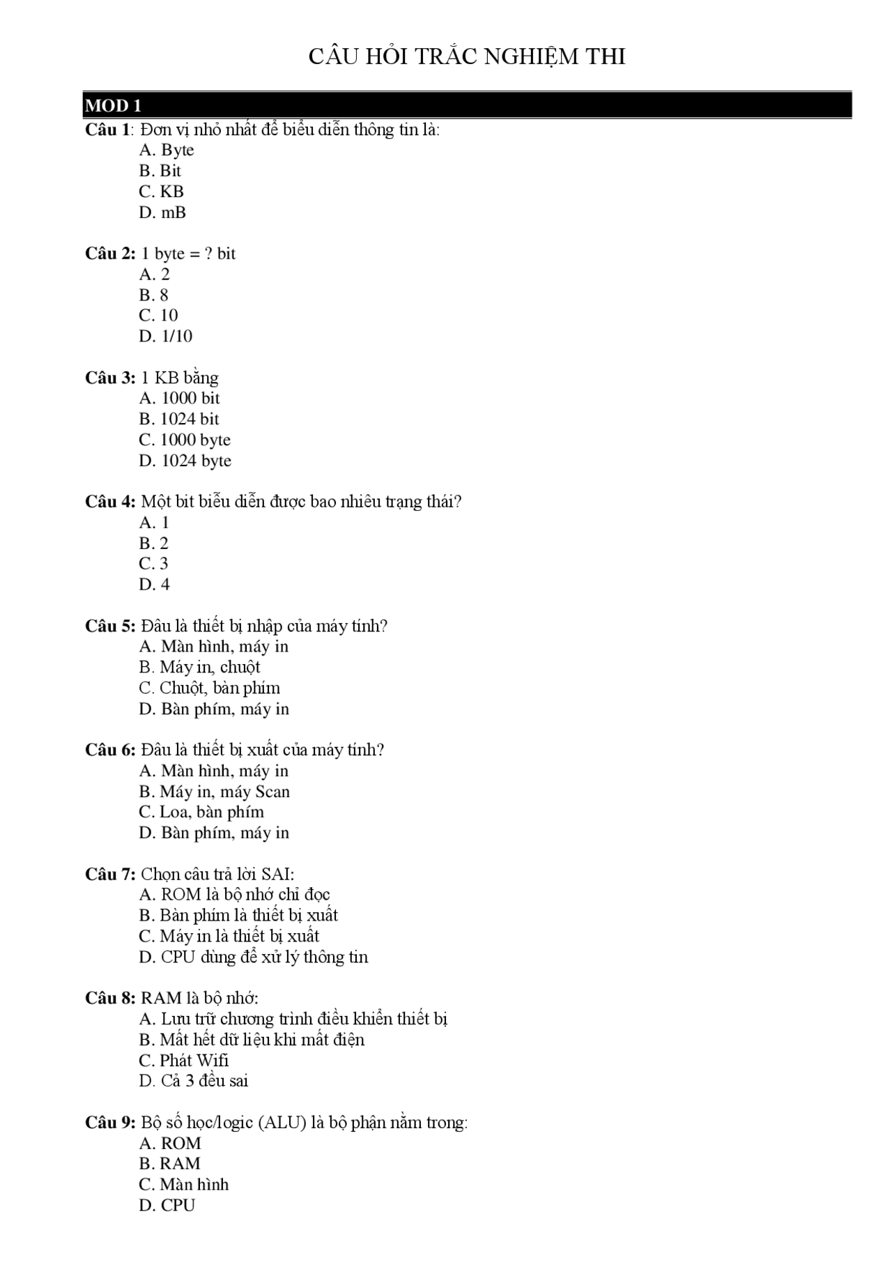 Basic informatics test | Exams Technical English | Docsity