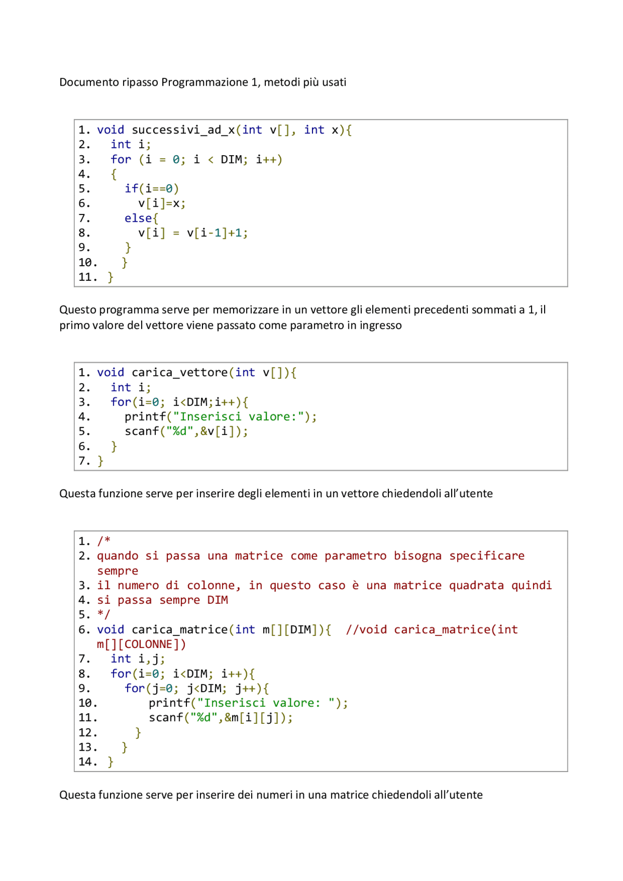 Codice Programmazione Riassunto codici per esame programmazione 1 | Schemi e mappe ...