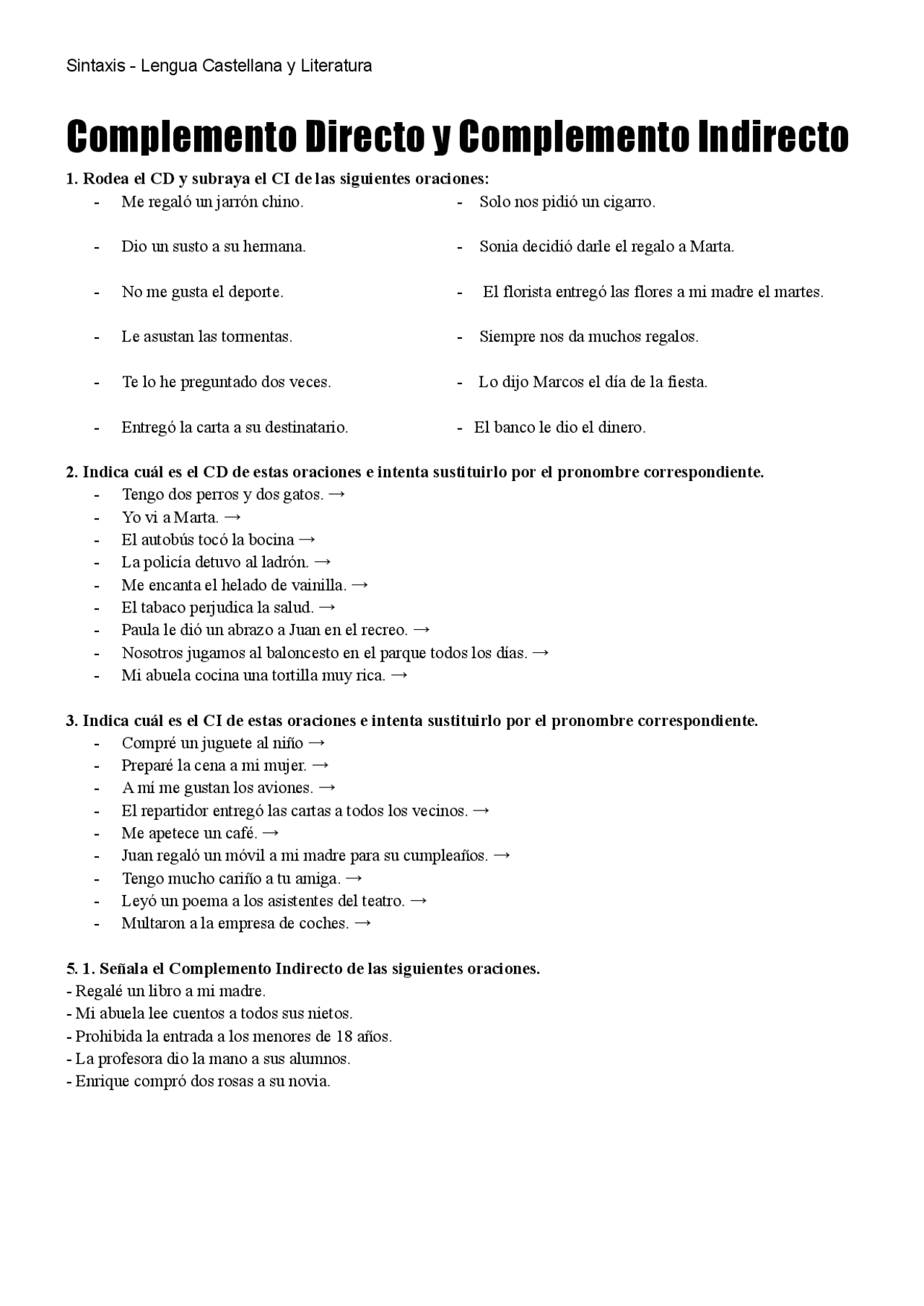 Complemento directo e indirecto | Apuntes de Lengua y Literatura | Docsity