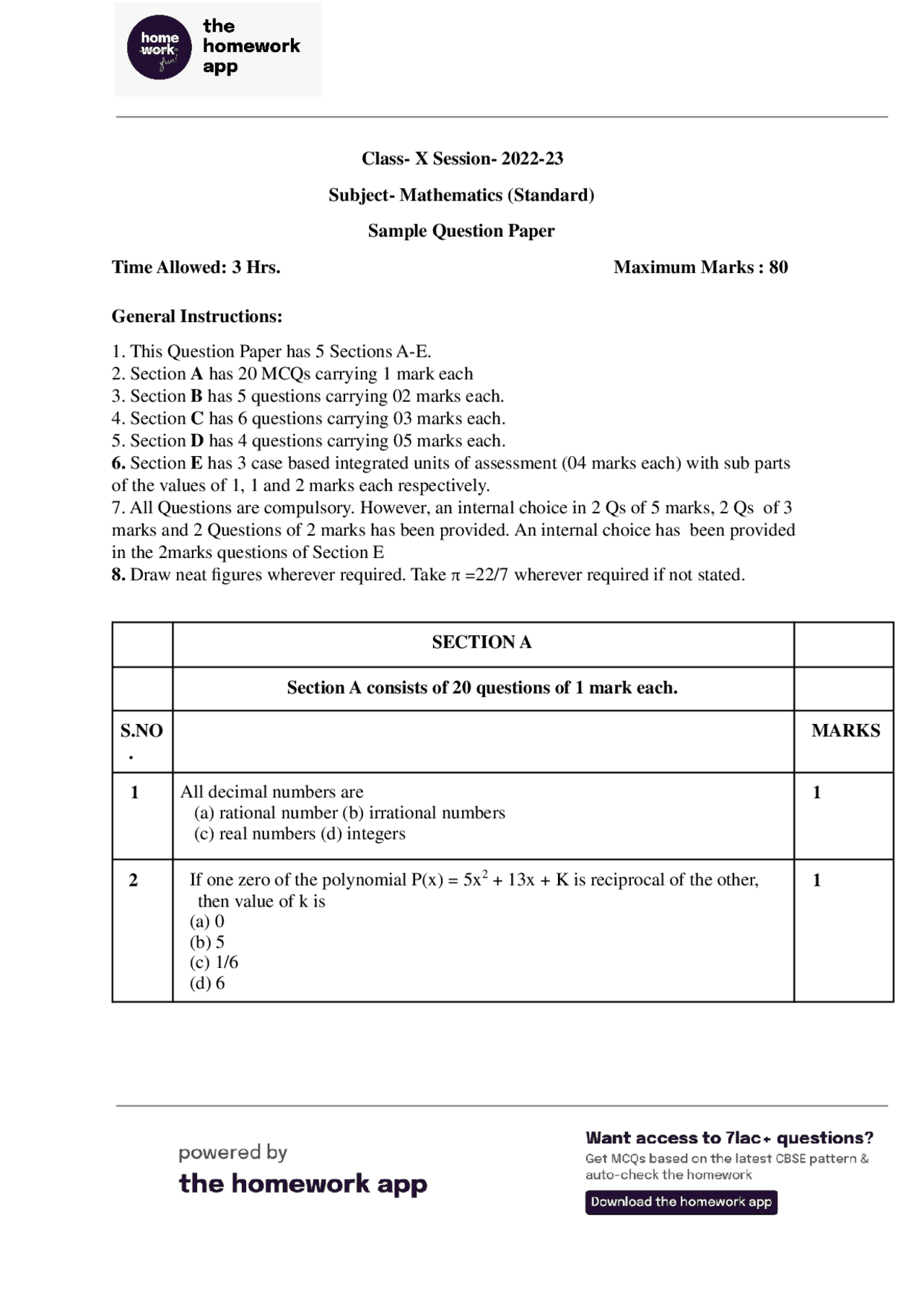 Mathematics sample paper 1 | Assignments Mathematics | Docsity