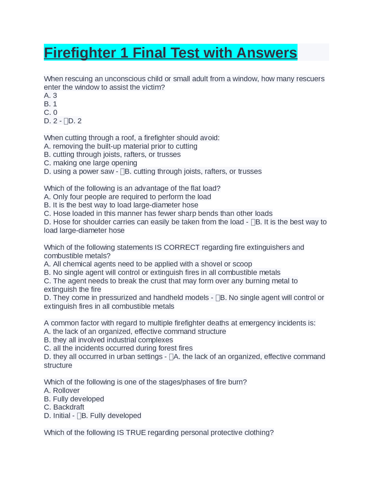 Firefighter 1 Final Test with Answers Exams Safety and Fire
