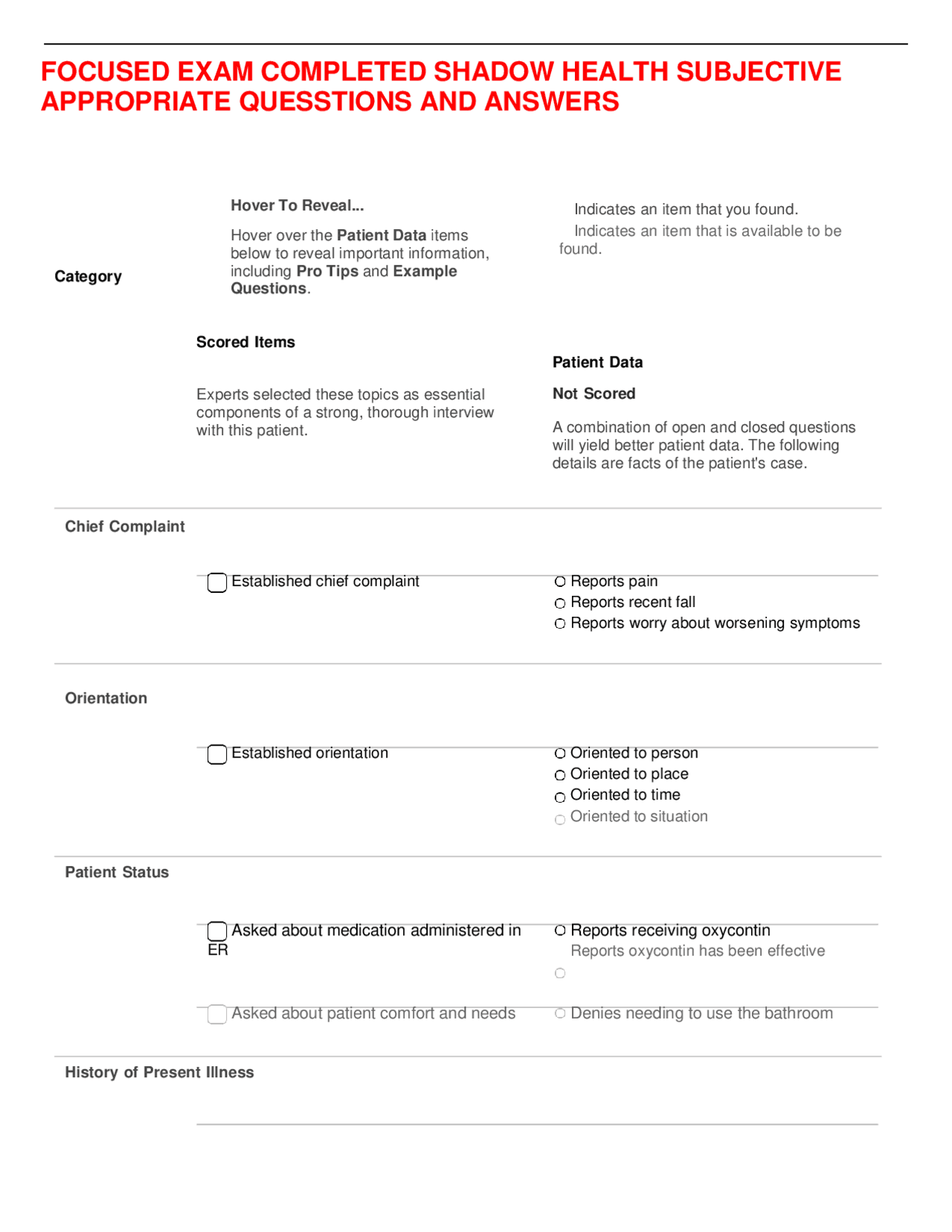 FOCUSED EXAM COMPLETED SHADOW HEALTH SUBJECTIVE APPROPRIATE QUESSTIONS ...