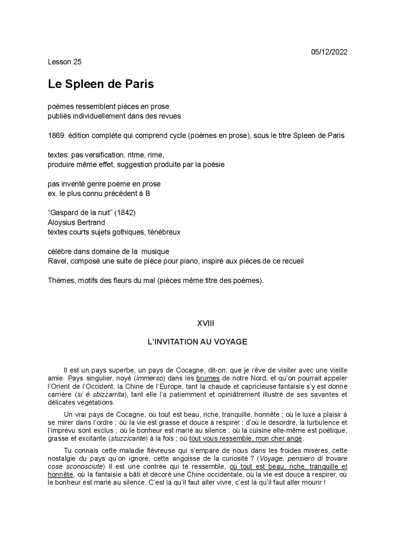 Le Spleen de Paris, poèmes en prose Appunti di Letteratura Francese
