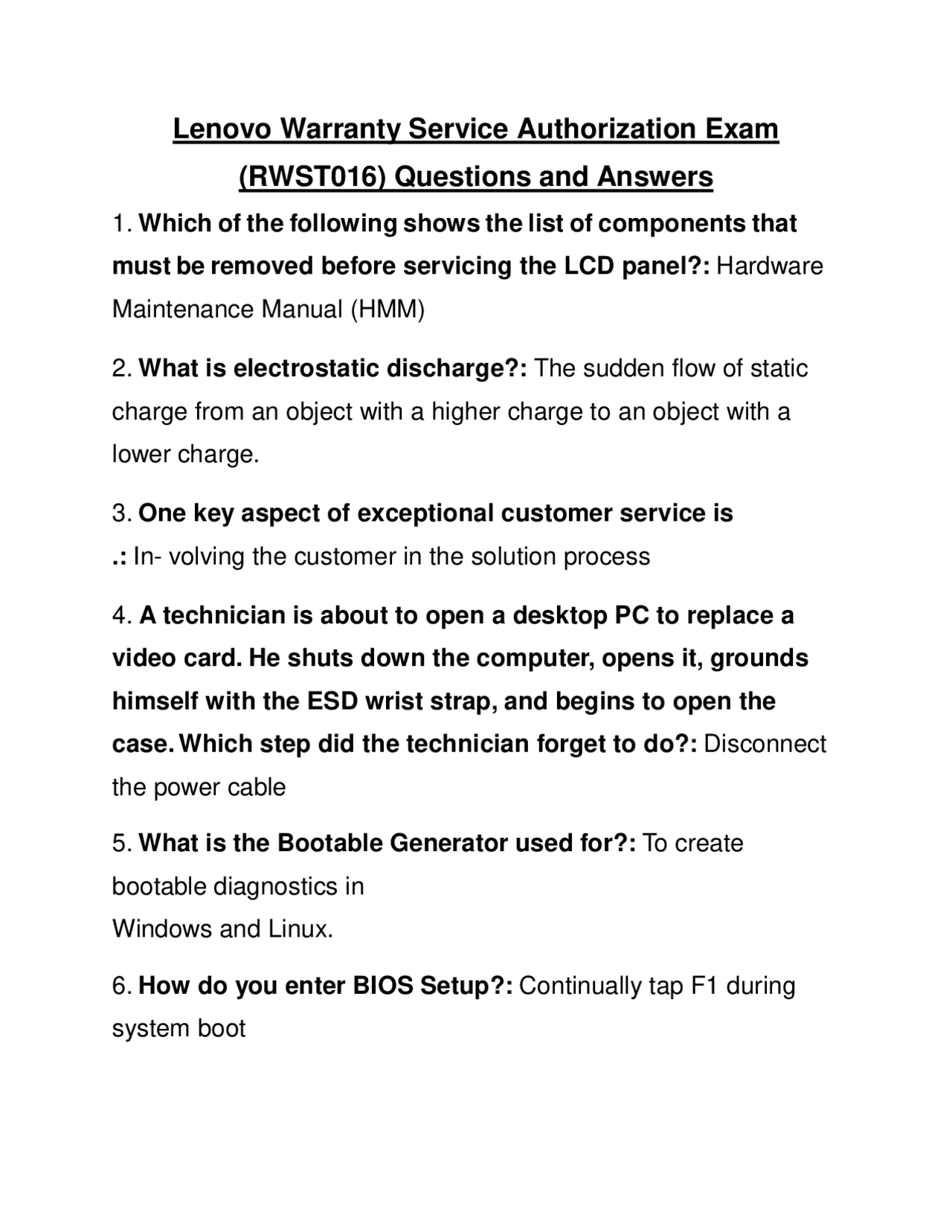 Lenovo Warranty Service Authorization Exam (RWST016) Questions and