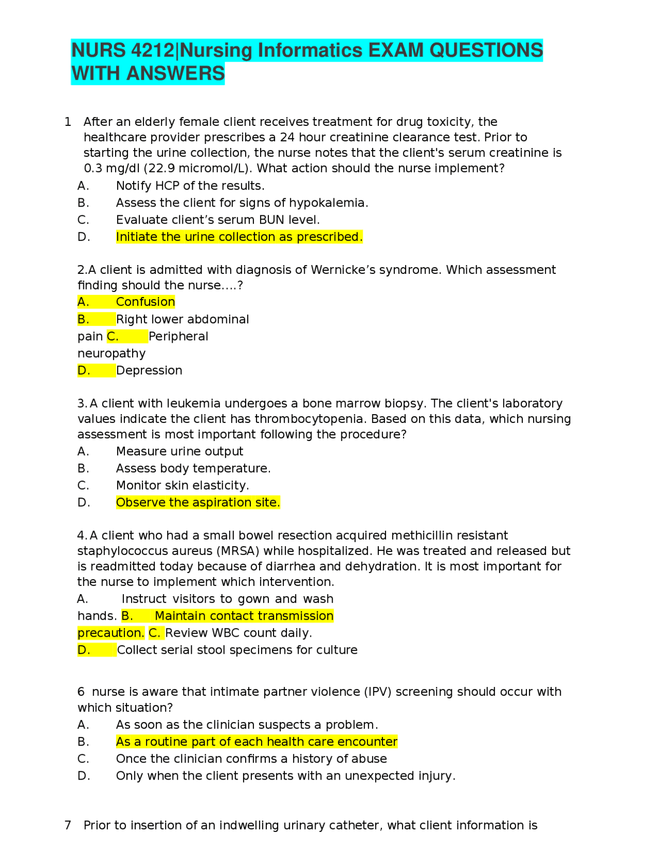 NURS 4212|Nursing Informatics EXAM QUESTIONS WITH ANSWERS | Exams ...