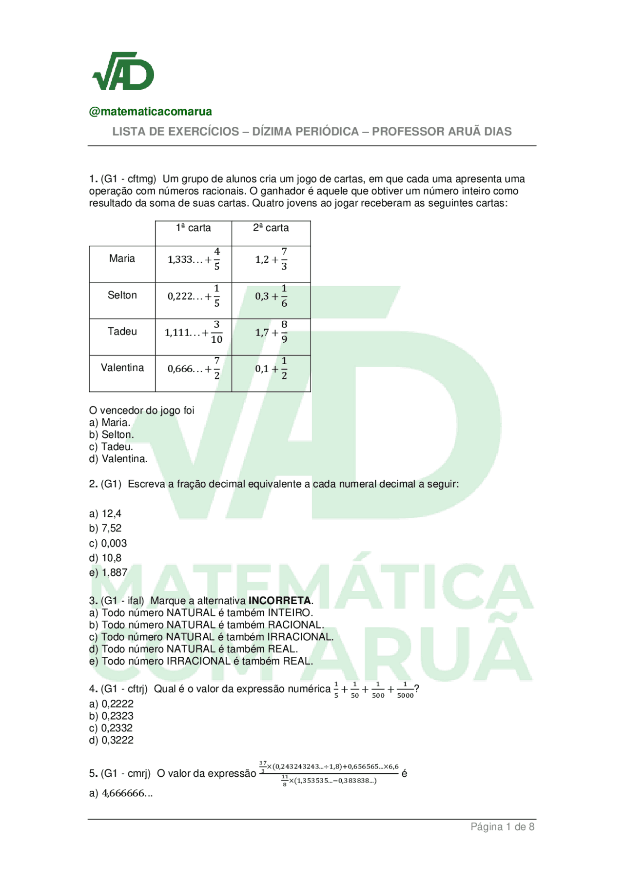 Lista De Exercícios Dízimas Periódicas Pdf Com Gabarito - FDPLEARN