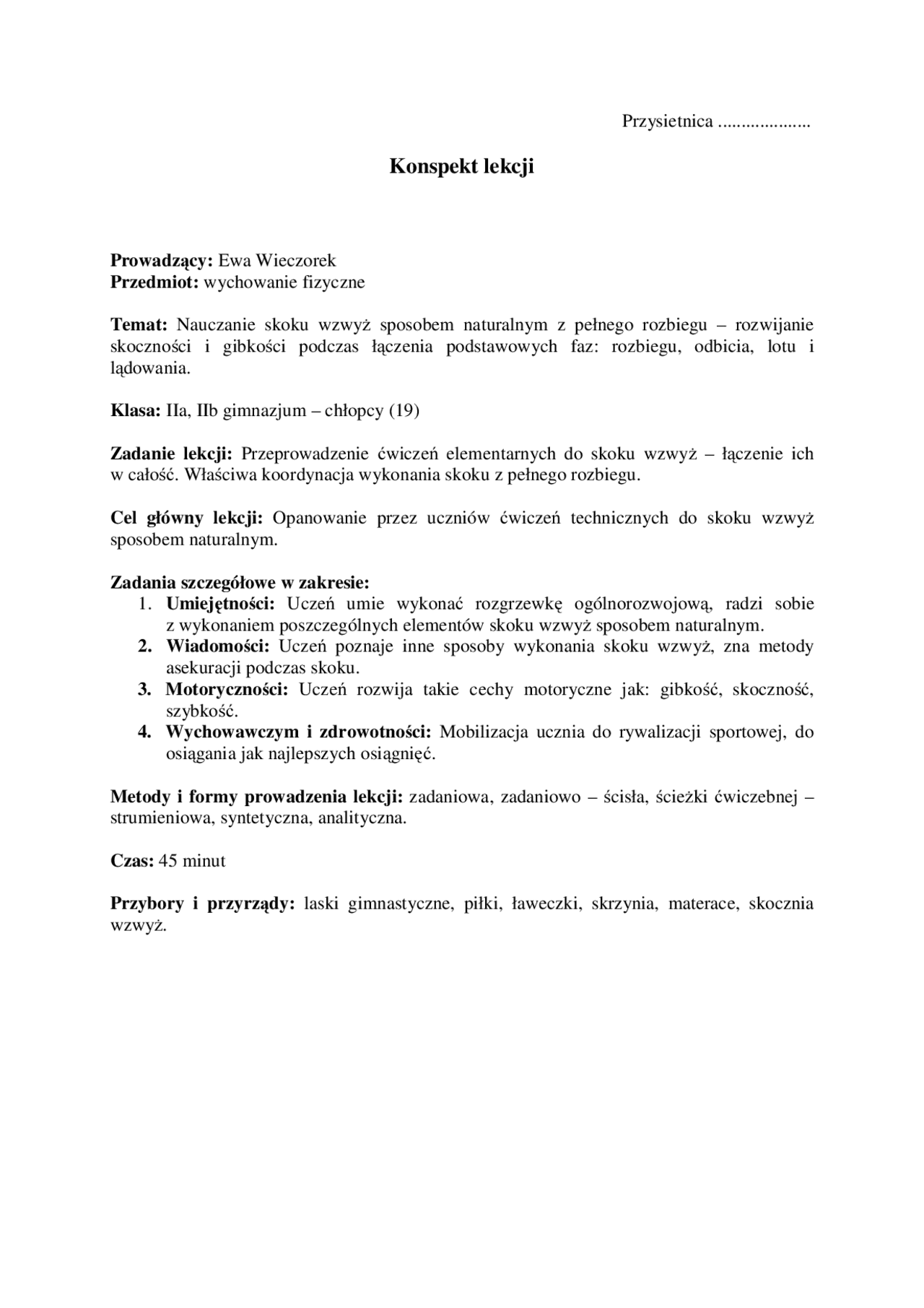 Konspekt Z Lekcji Na Której Był Sprawdzian