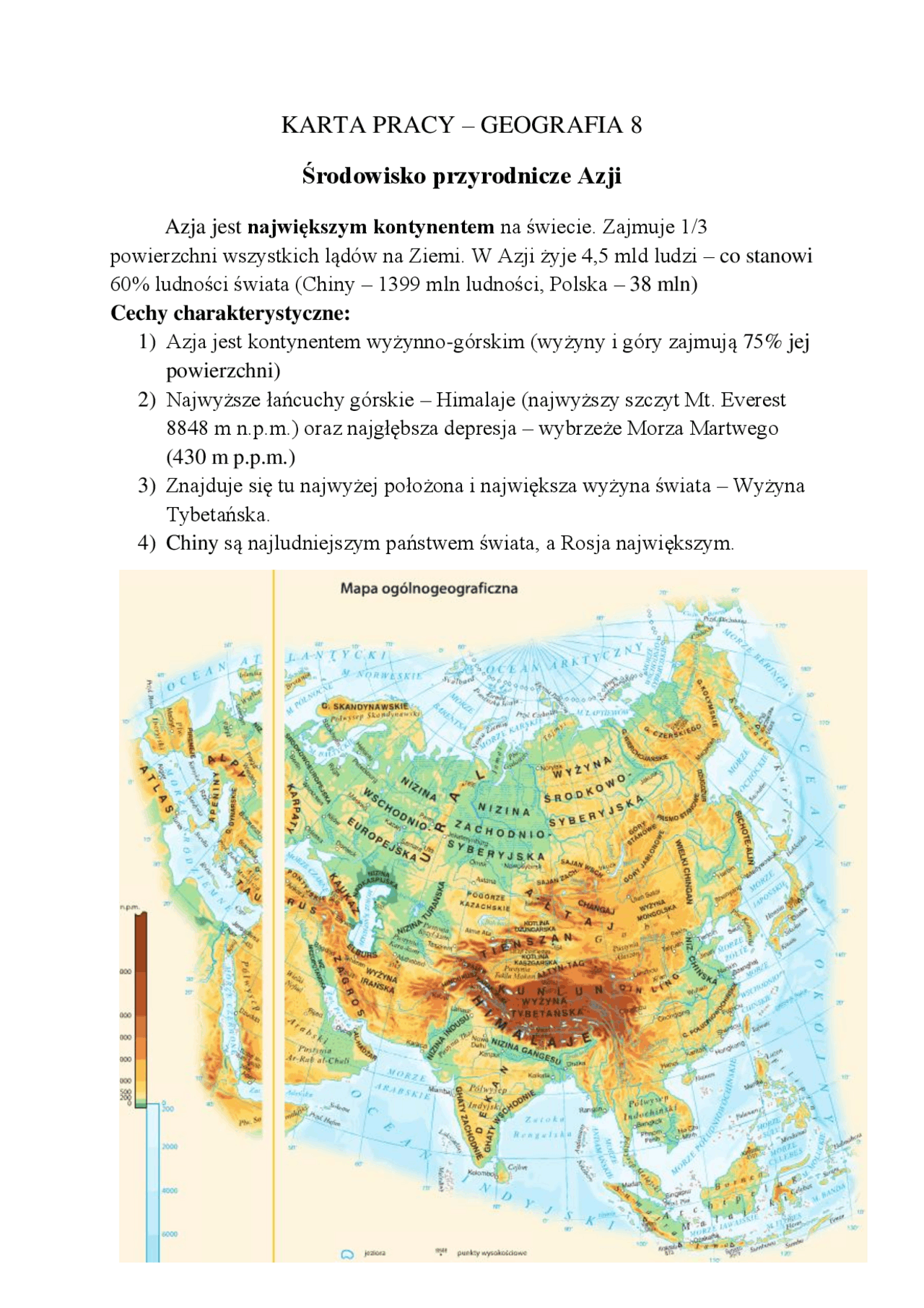 KARTA PRACY – GEOGRAFIA 8 Środowisko przyrodnicze Azji | Ćwiczenia