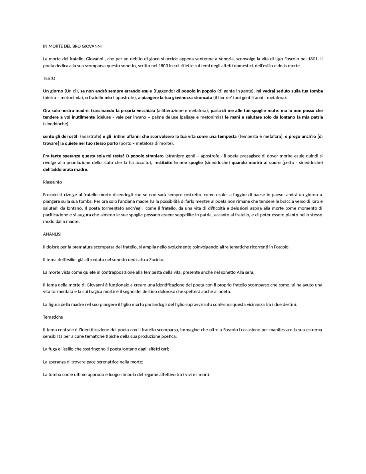 in morte del fratello giovanni analisi