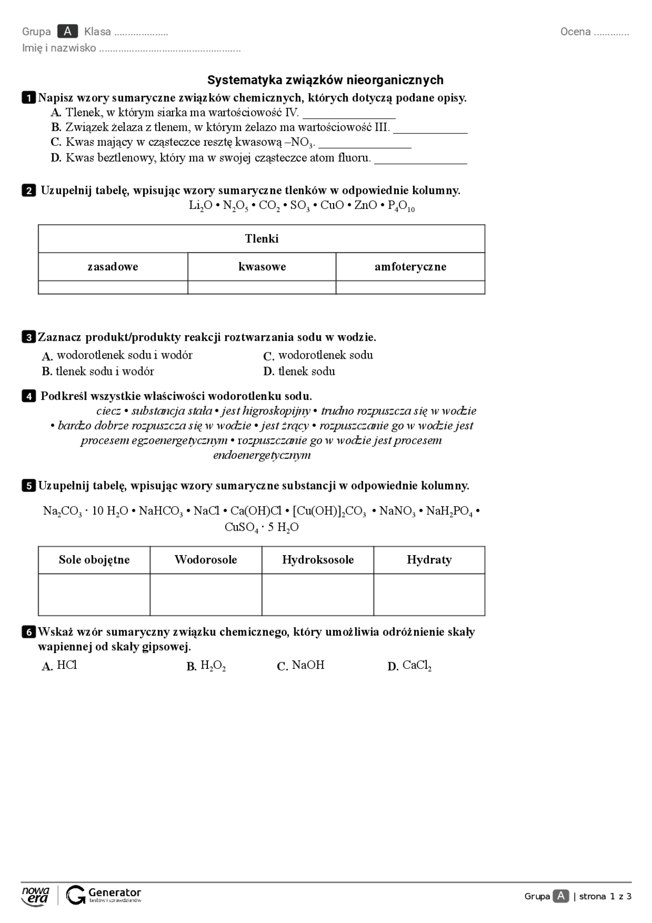 Systematyka związków nieorganicznych | Publikacje Systematyka | Docsity