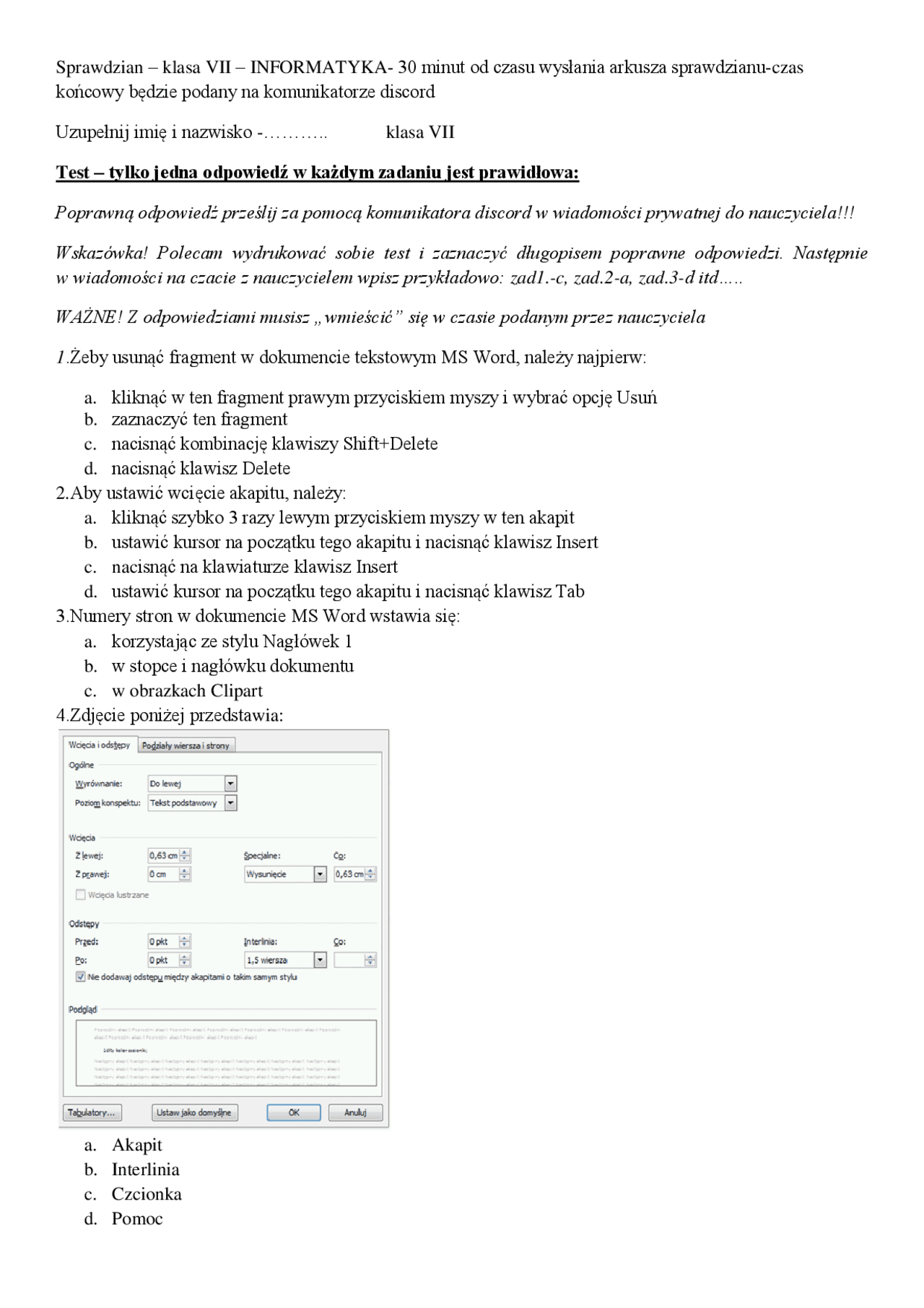 Sprawdzian Informatyka Klasa 7 Dział 1