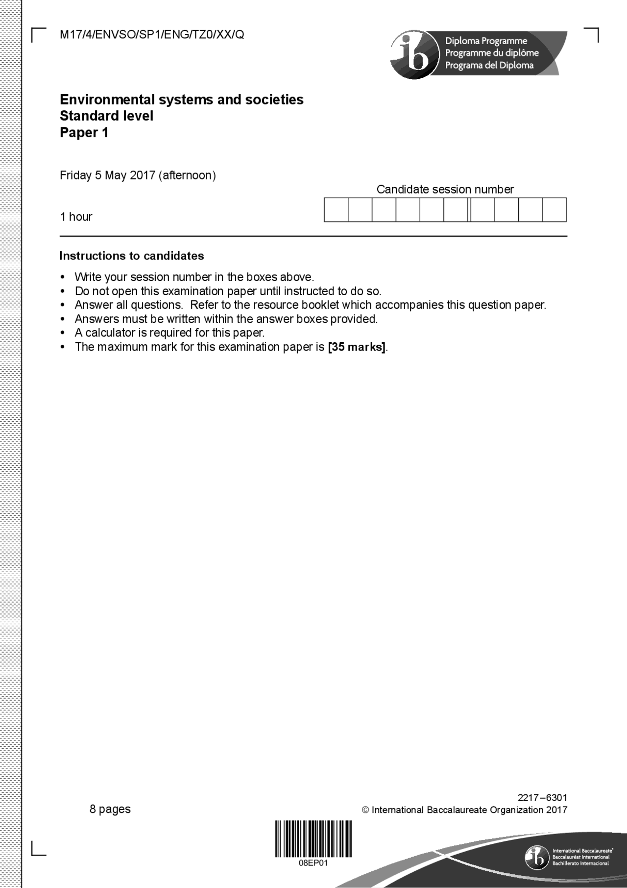 ESS Past Qs 2017 paper 1 | Exams Environmental science | Docsity