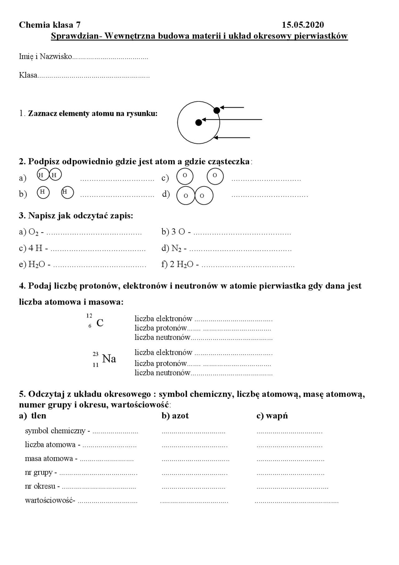Sprawdzian Klasa 3 Gimnazjum Chemia Dzial 2