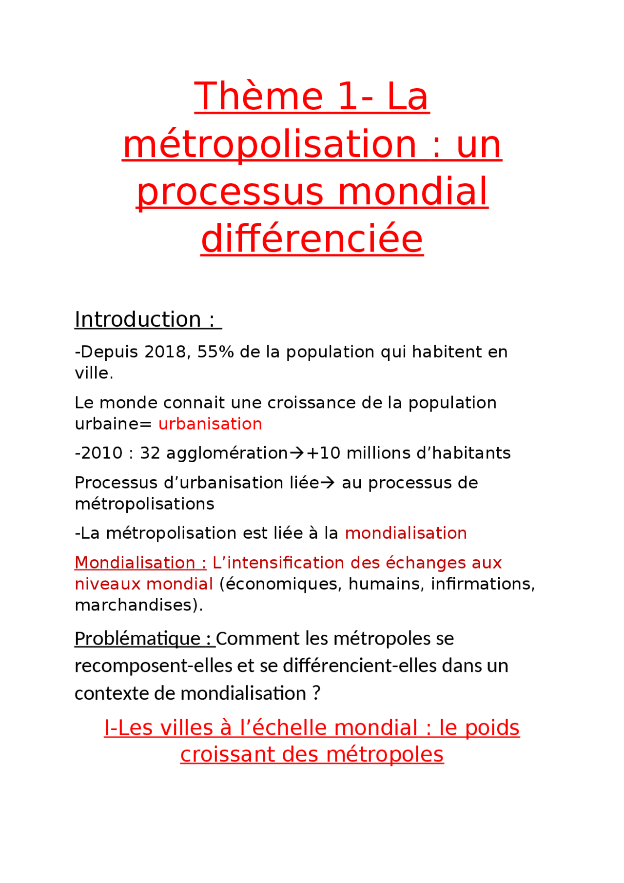 La Métropolisation Un Processus Mondial Différencié Fiche De Révision Pdf Thème 1- La métropolisation- un processus mondial différencée |  Transcriptions Géographie | Docsity