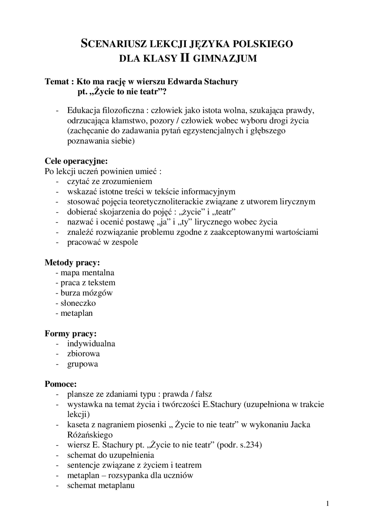 Scenariusz lekcji języka polskiego | Notatki Edukacja | Docsity