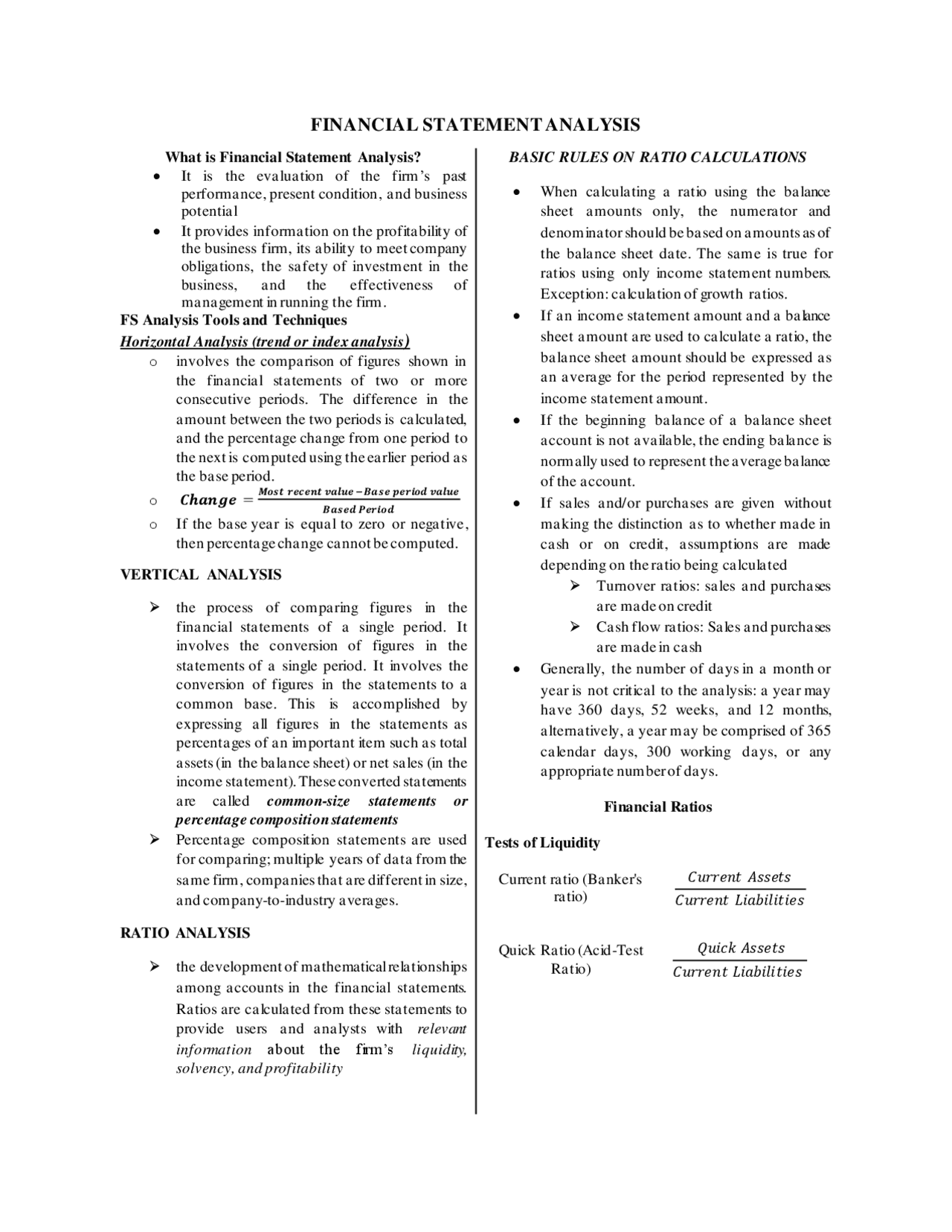 Financial Statement Analysis Notes with ratio formula | Study notes ...