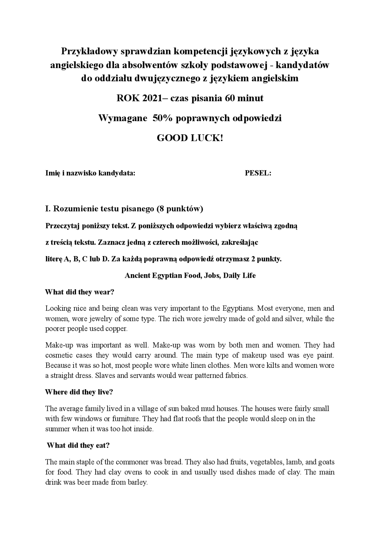 Przykładowy sprawdzian kompetencji językowych z języka | Ćwiczenia ...