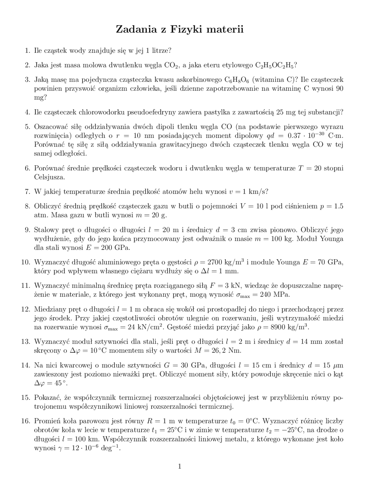 Zadania z Fizyki materii | Ćwiczenia Fizyka | Docsity