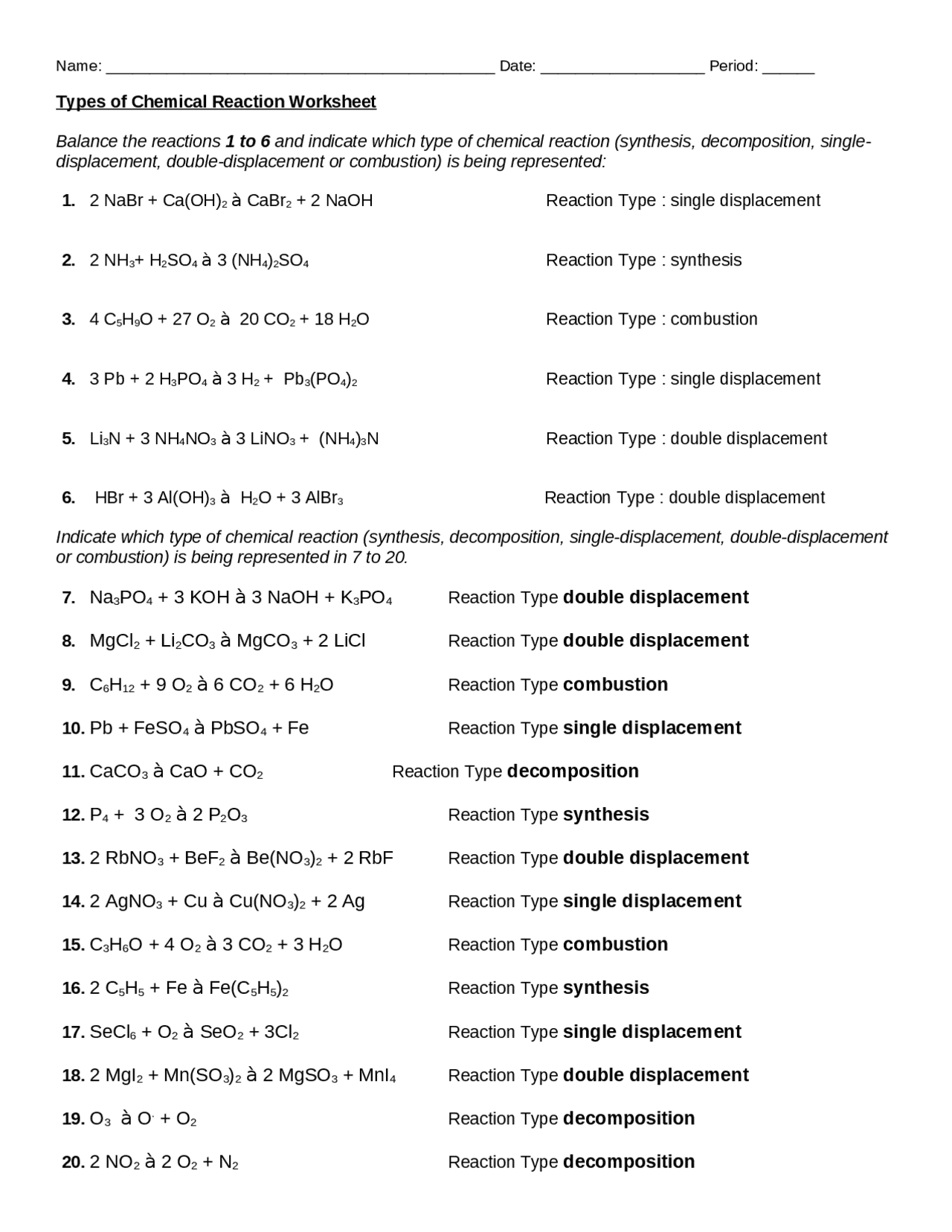 Chemistry chemical reaction worksheet | Assignments Chemistry | Docsity