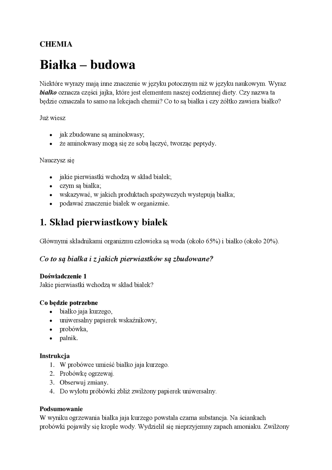 Białka – budowa | Streszczenia Chemia | Docsity