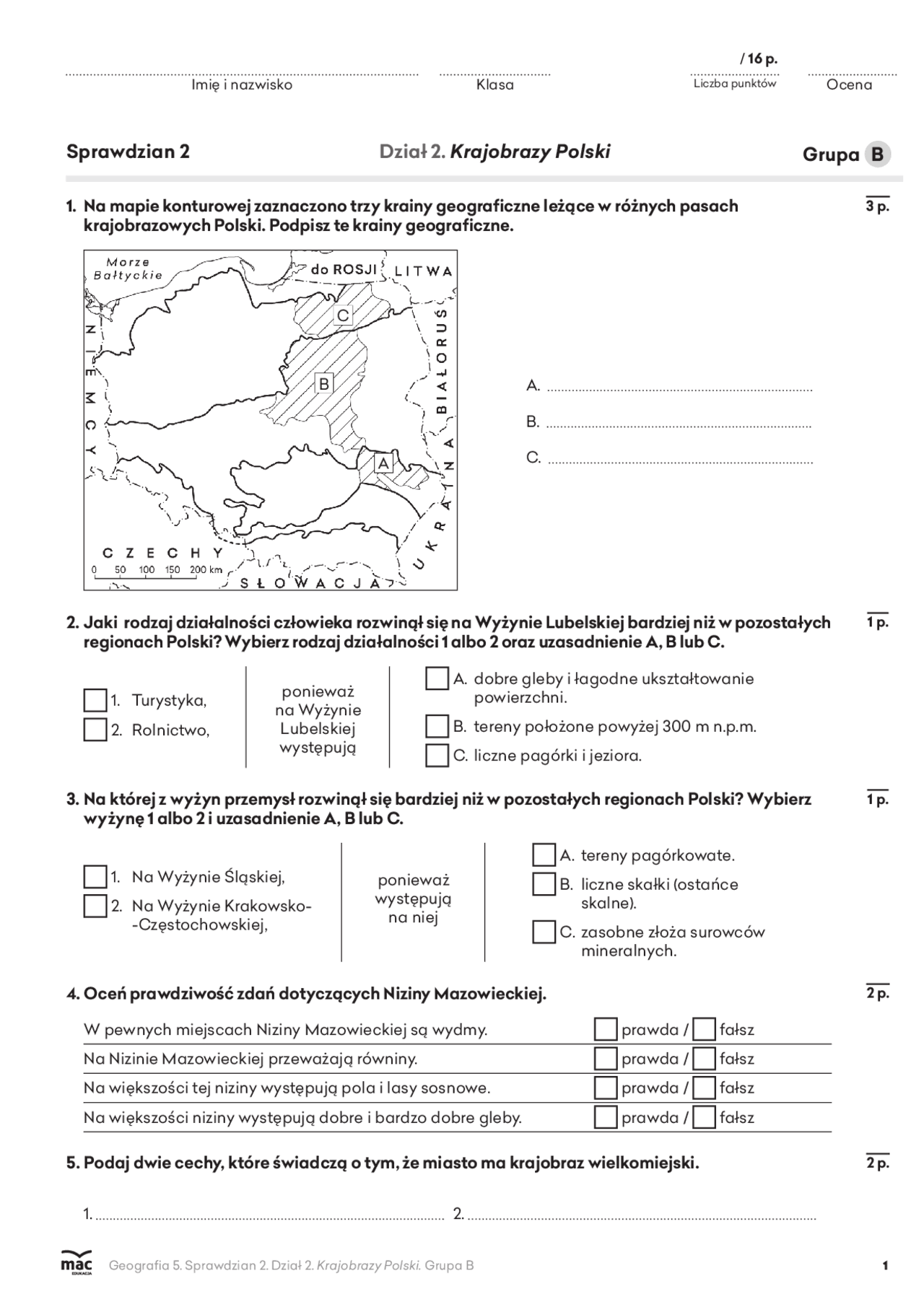 Sprawdzian Geografia Klasa 5 Dział 2 Krajobrazy Polski Nowa Era