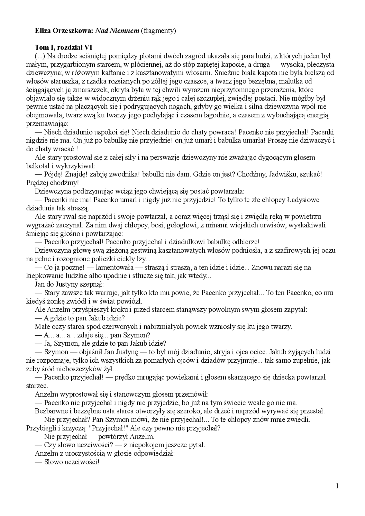 Eliza Orzeszkowa: Nad Niemnem (fragmenty) | Publikacje Sztuka | Docsity