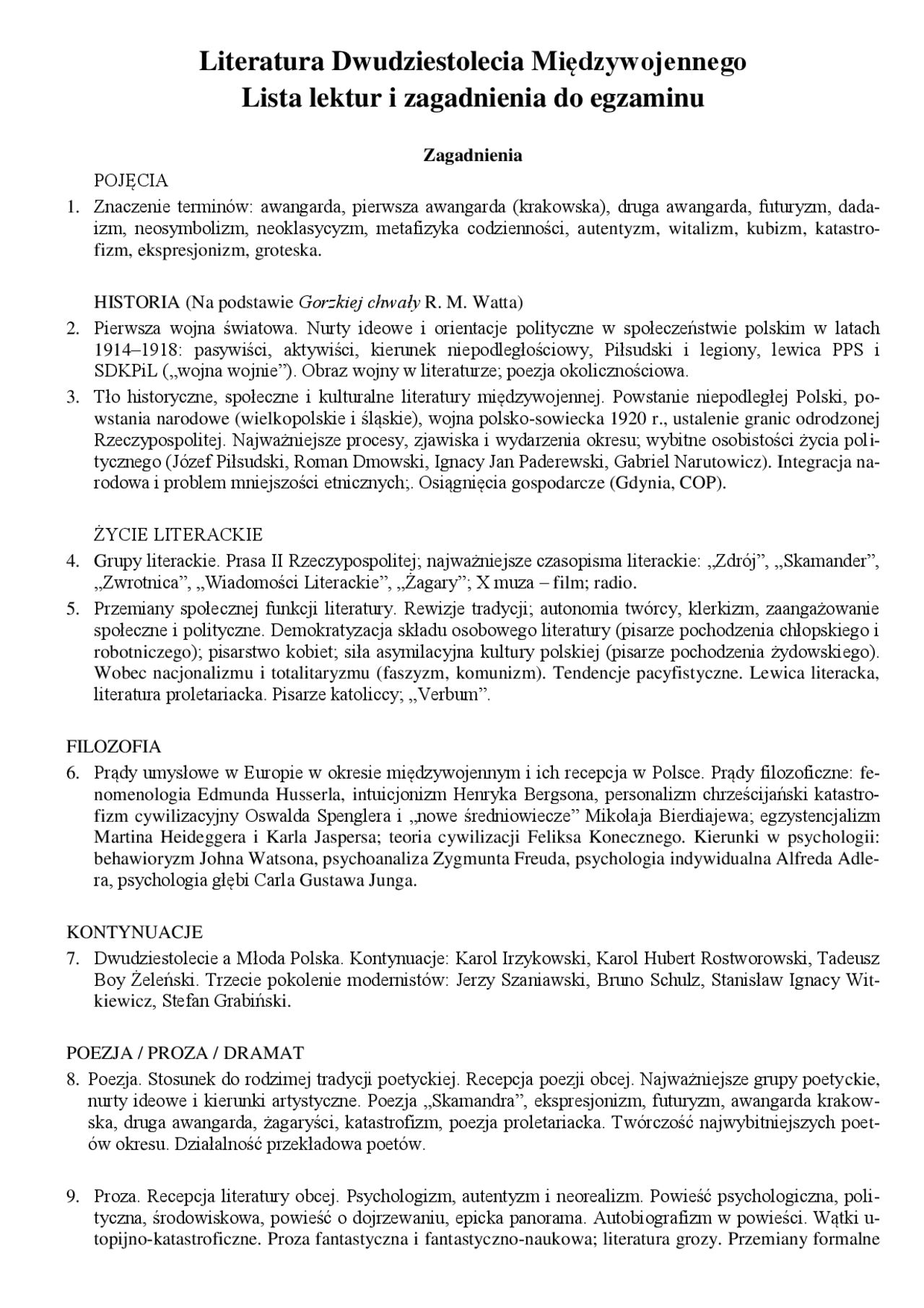 Literatura Dwudziestolecia Międzywojennego Lista lektur i