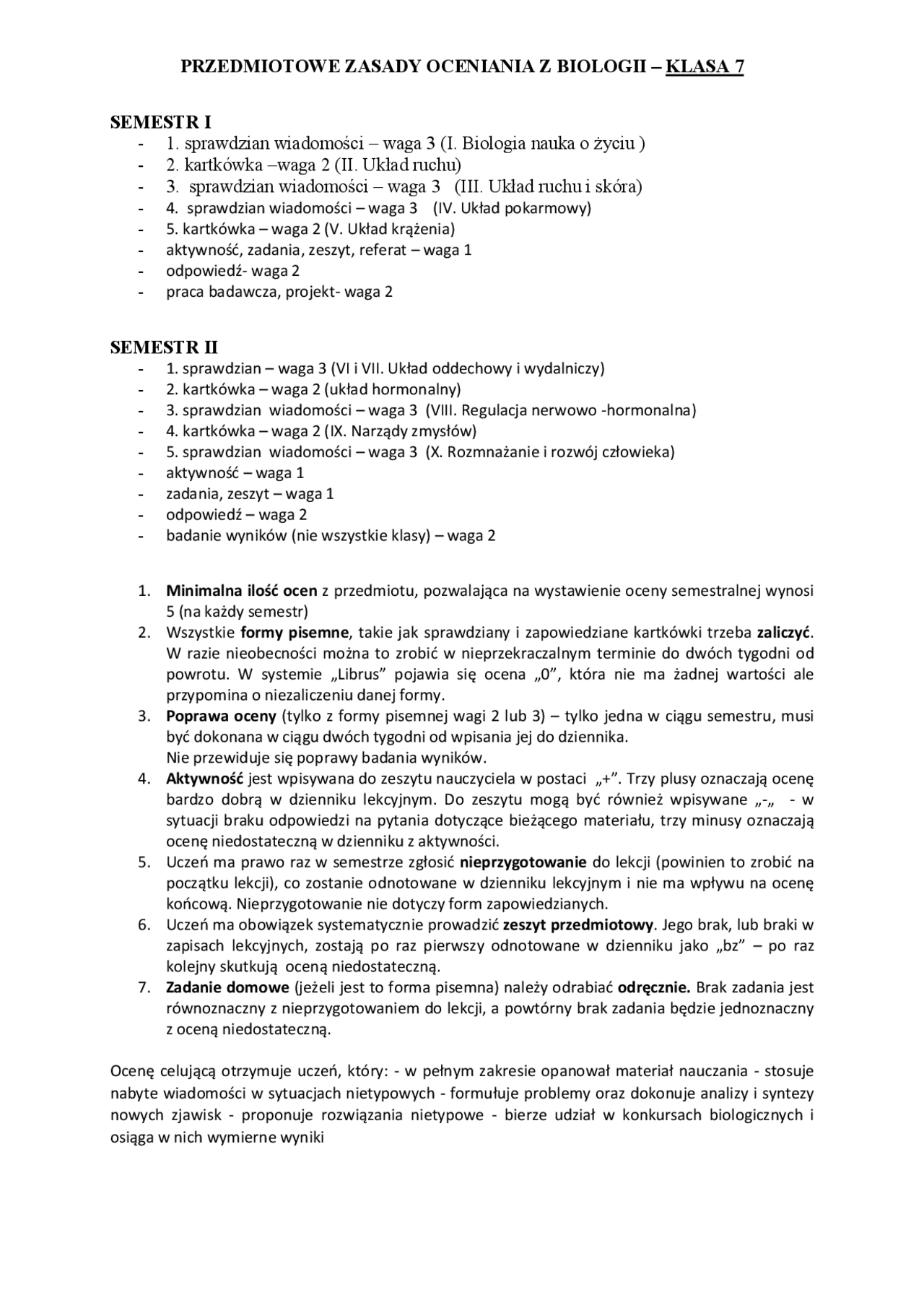 1. sprawdzian wiadomości – waga 3 (I. Biologia nauka o życ | Publikacje