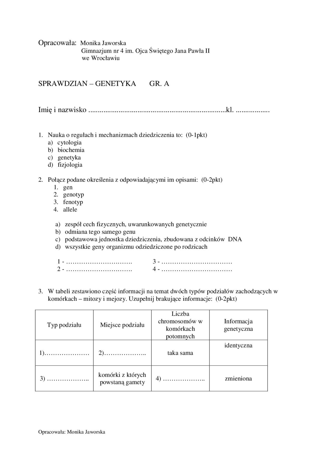 SPRAWDZIAN – GENETYKA GR. A | Schematy Genetyka | Docsity
