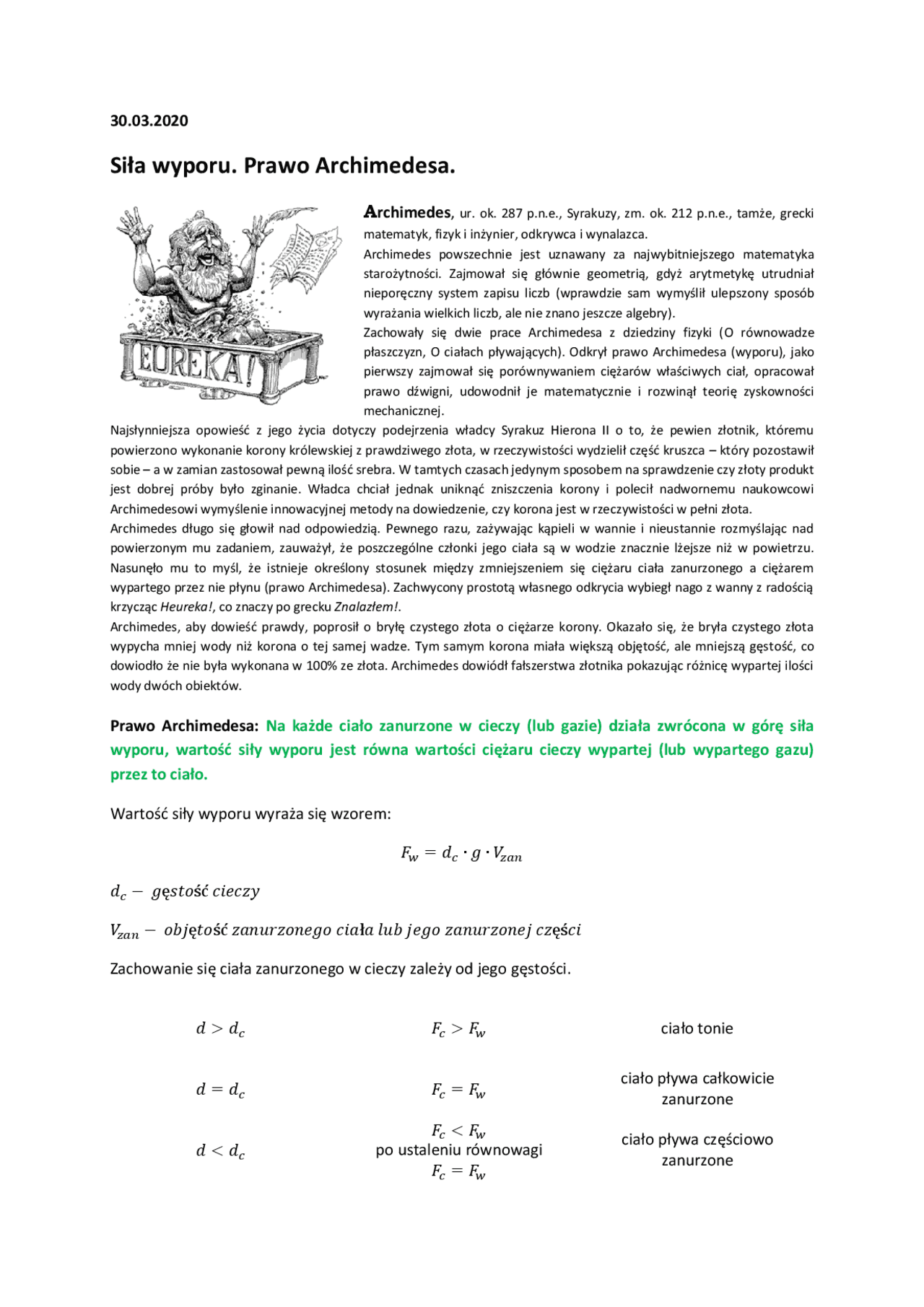 Siła wyporu. Prawo Archimedesa. | Schematy Matematyka | Docsity