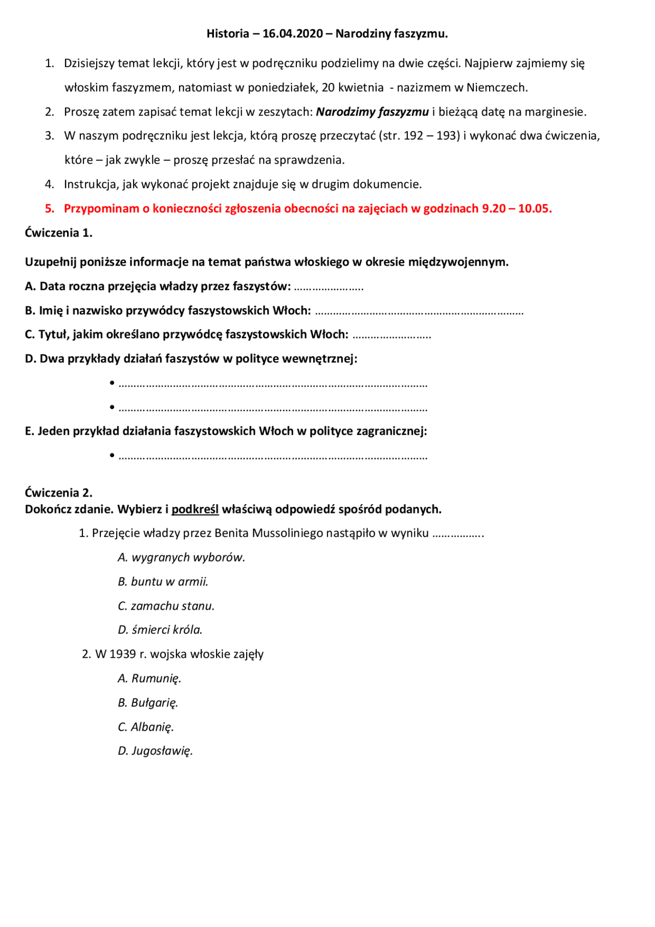 16.04.2020 – Narodziny faszyzmu. 1. Dzisiejszy temat lekcji
