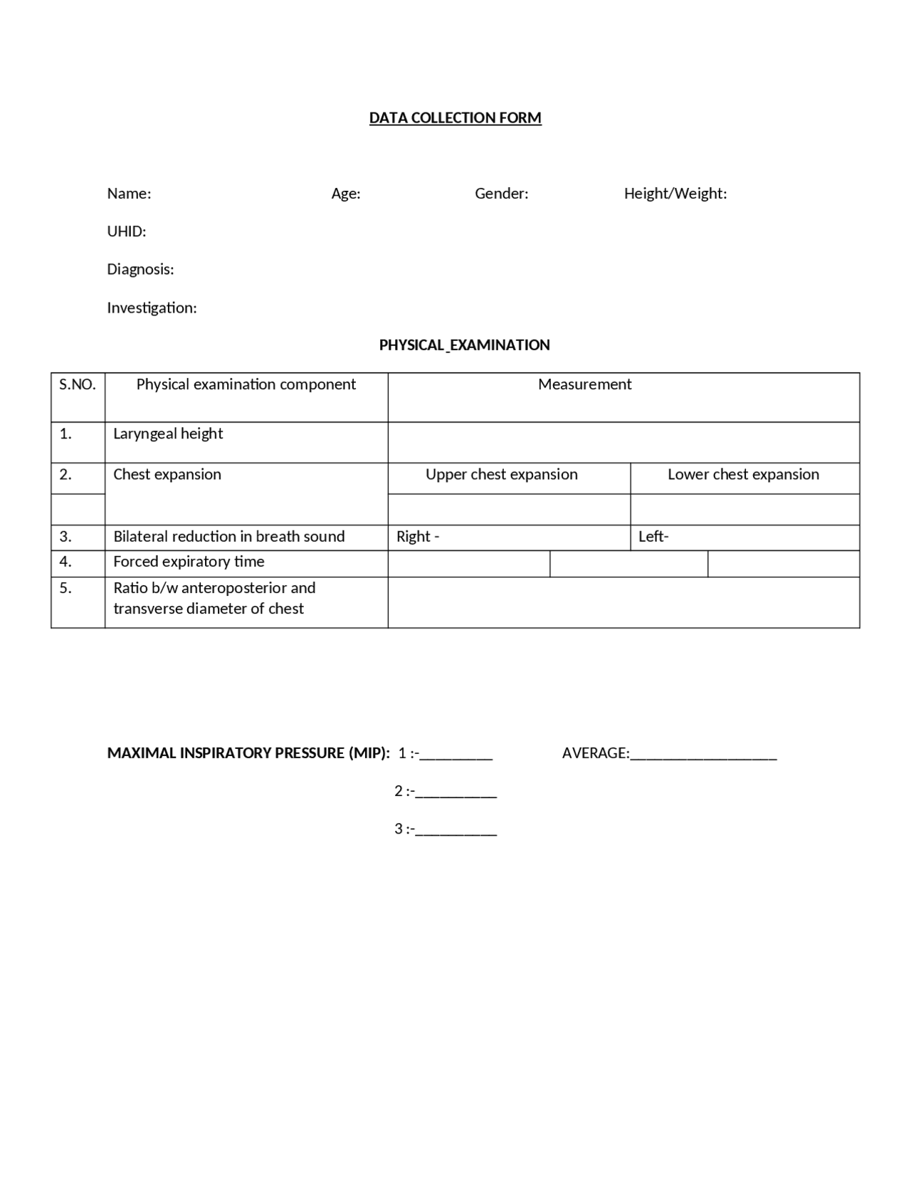 Data collection form performa for patient for reasearch | Thesis ...