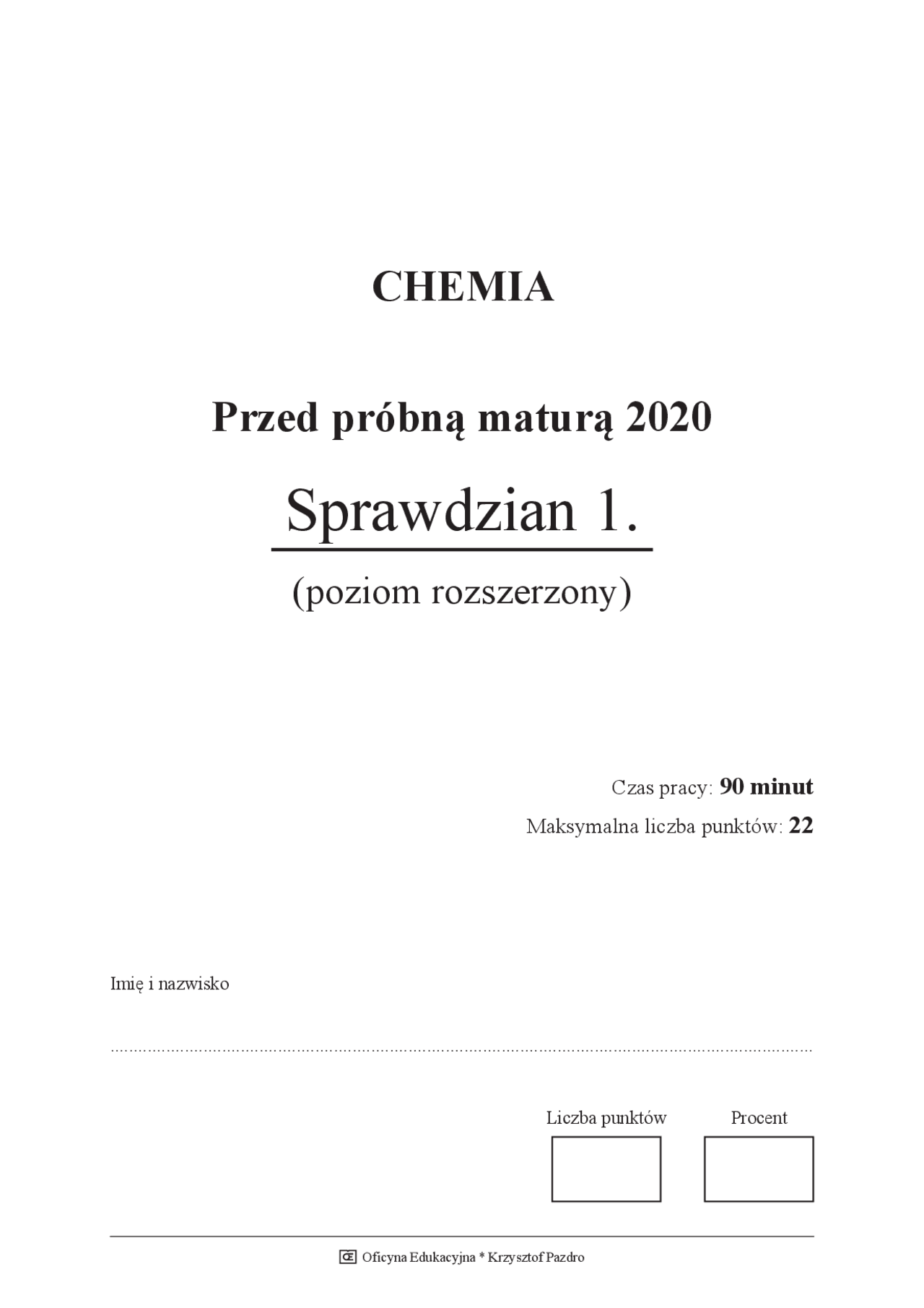 Sprawdzian 1. | Publikacje Chemia | Docsity