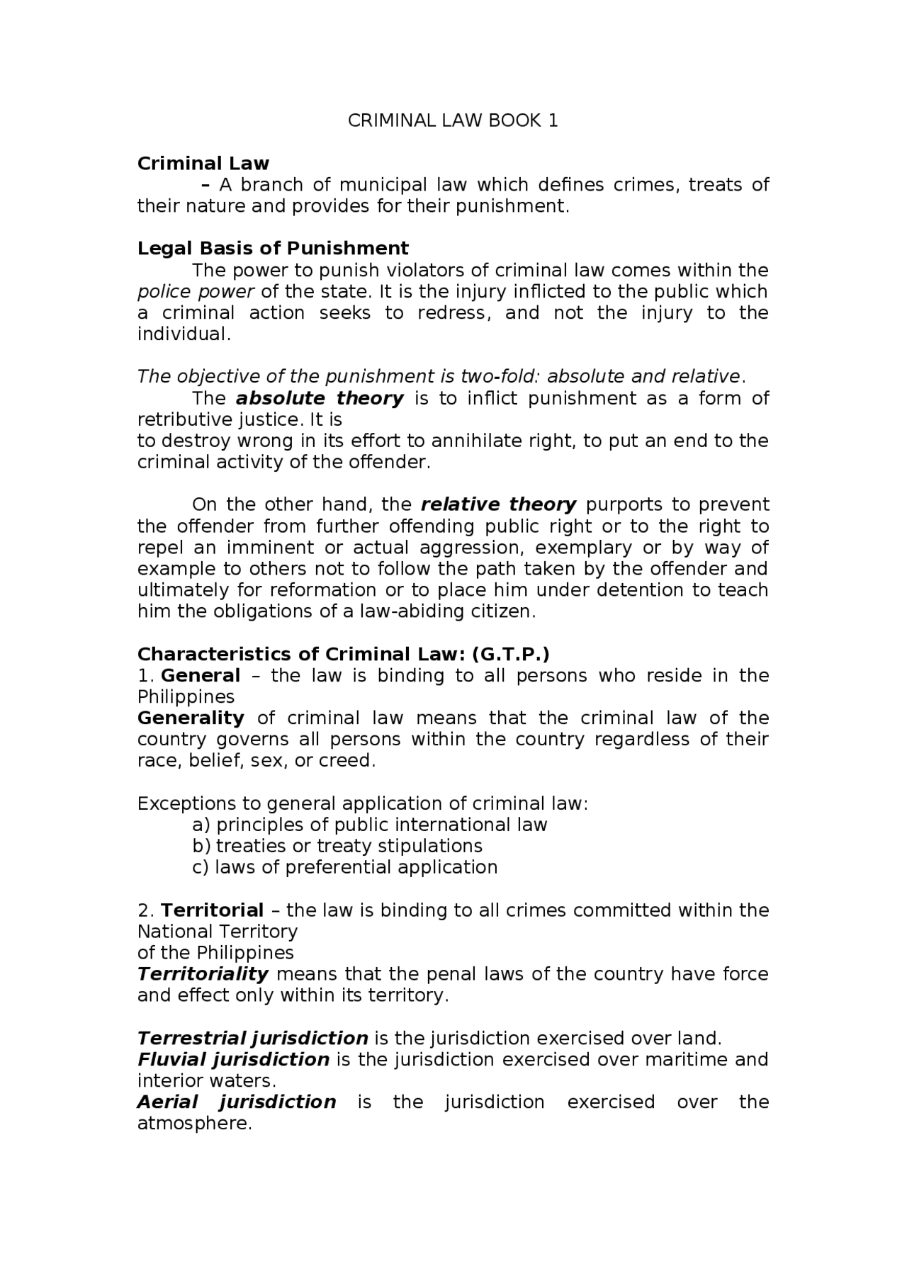 criminal law book 1 in criminology | Lecture notes Law | Docsity