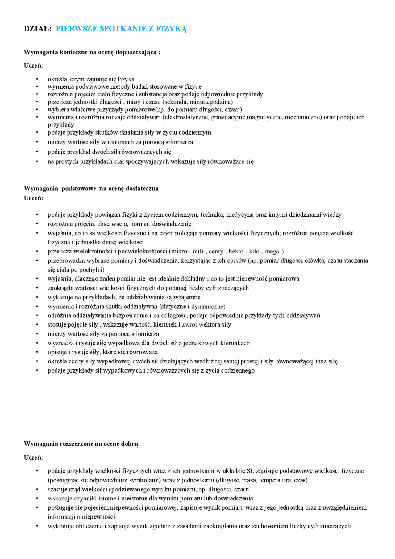 DZIAŁ: PIERWSZE SPOTKANIE Z FIZYKĄ | Egzaminy Fizyka | Docsity